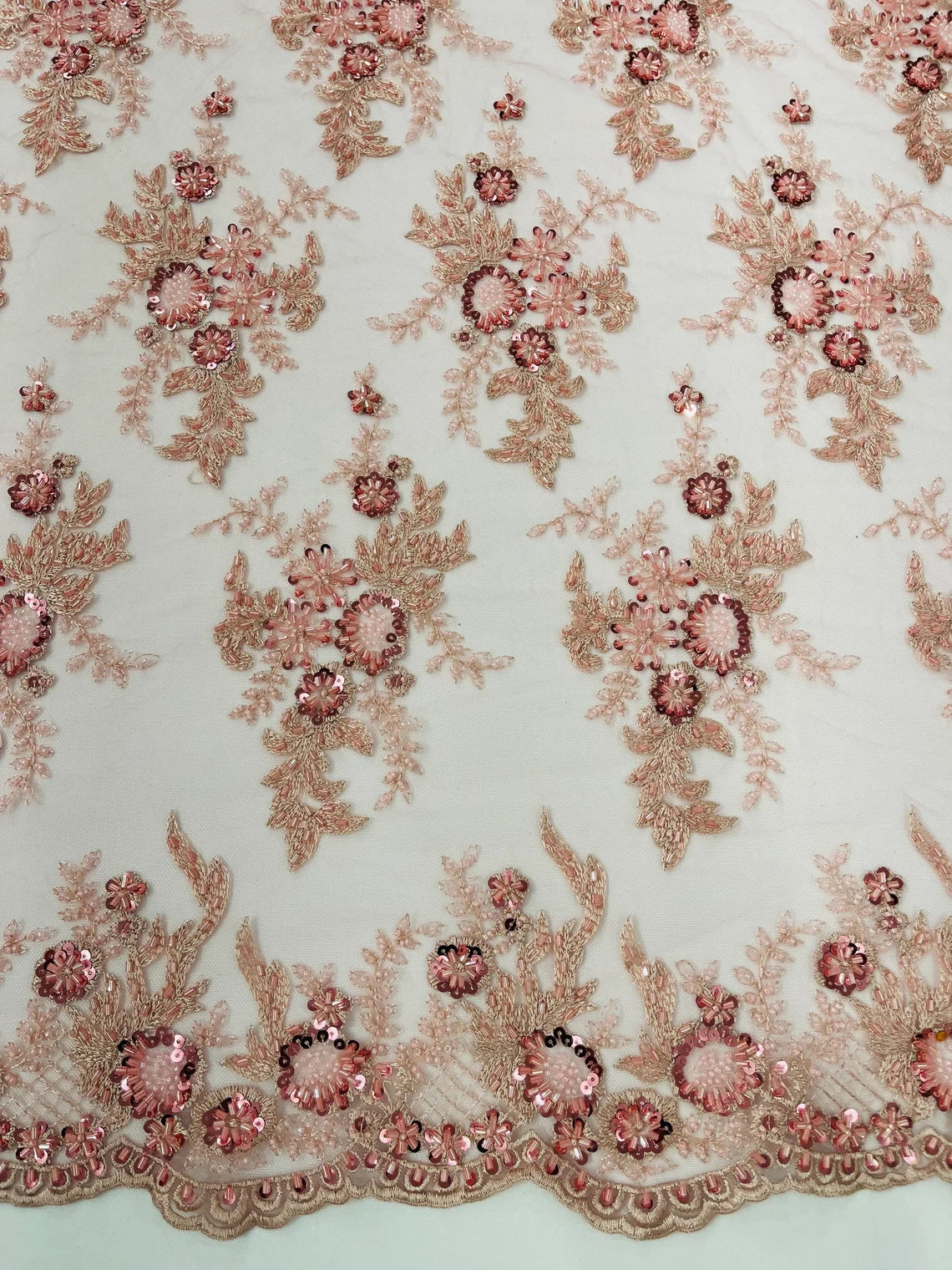 Floral Leaf Bead Sequins Fabric - Dusty Rose - Embroidered Flower and Leaves Design Fabric By Yard