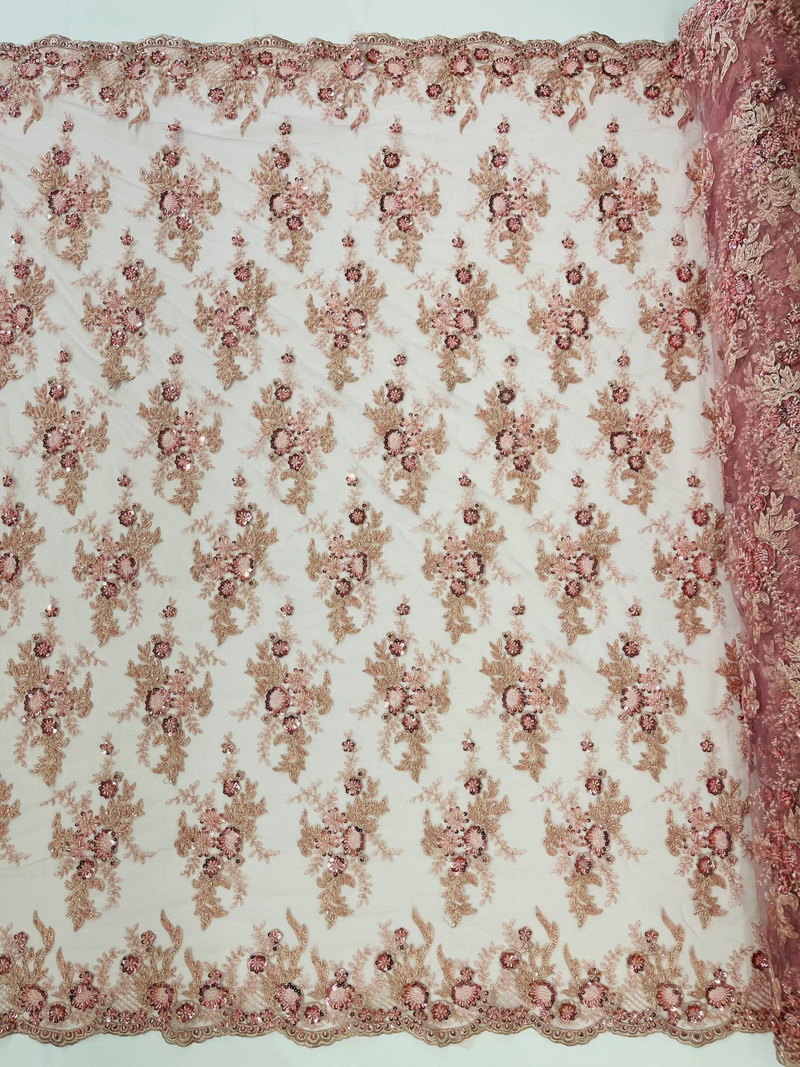 Floral Leaf Bead Sequins Fabric - Dusty Rose - Embroidered Flower and Leaves Design Fabric By Yard