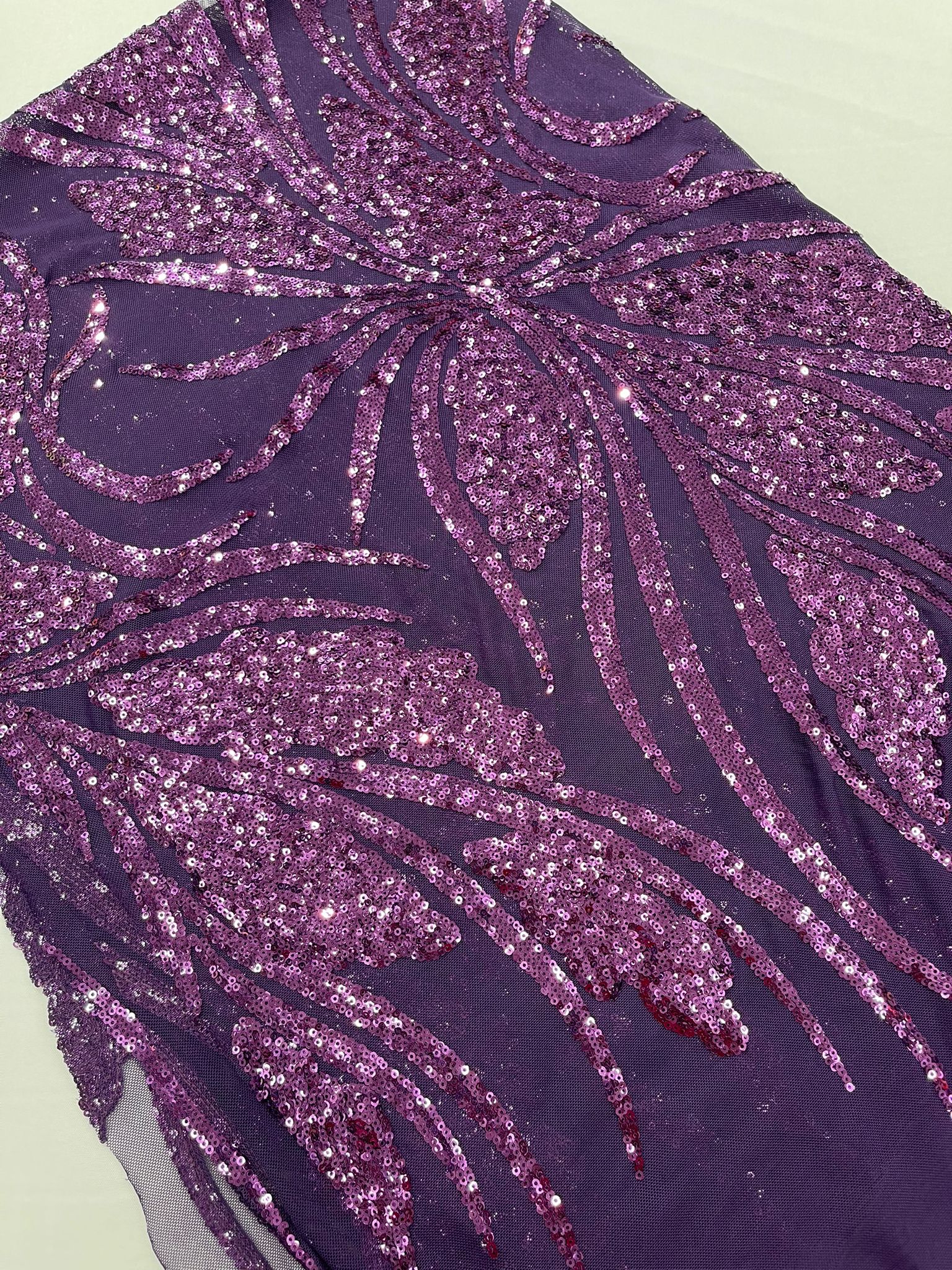 Feather damask shiny sequin design on a 4 way stretch White mesh Fabric-prom-sold by the yard.