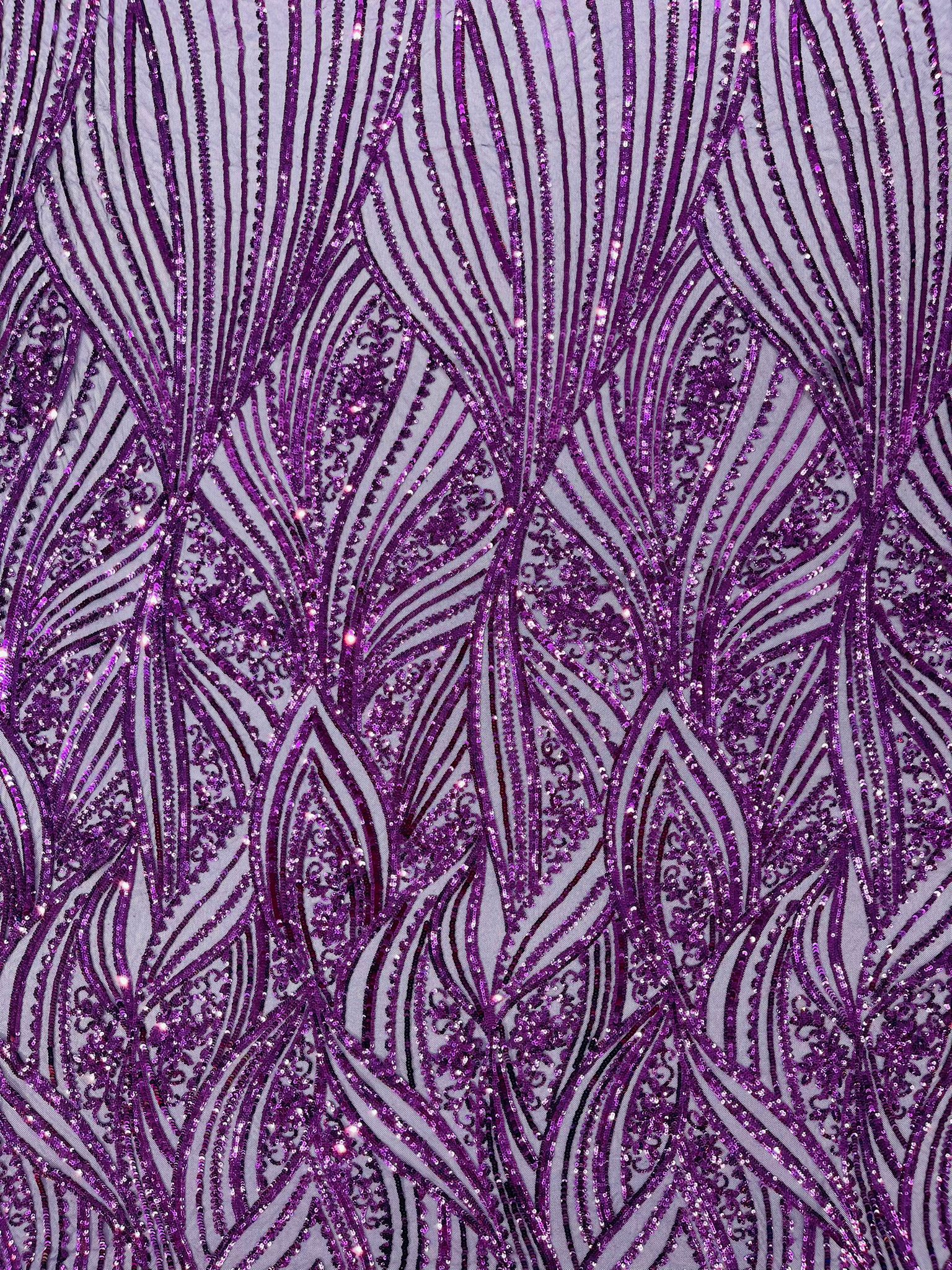 Geometric Feather wing shiny sequin design on a 4 way stretch mesh Fabric-prom-sold by the yard.