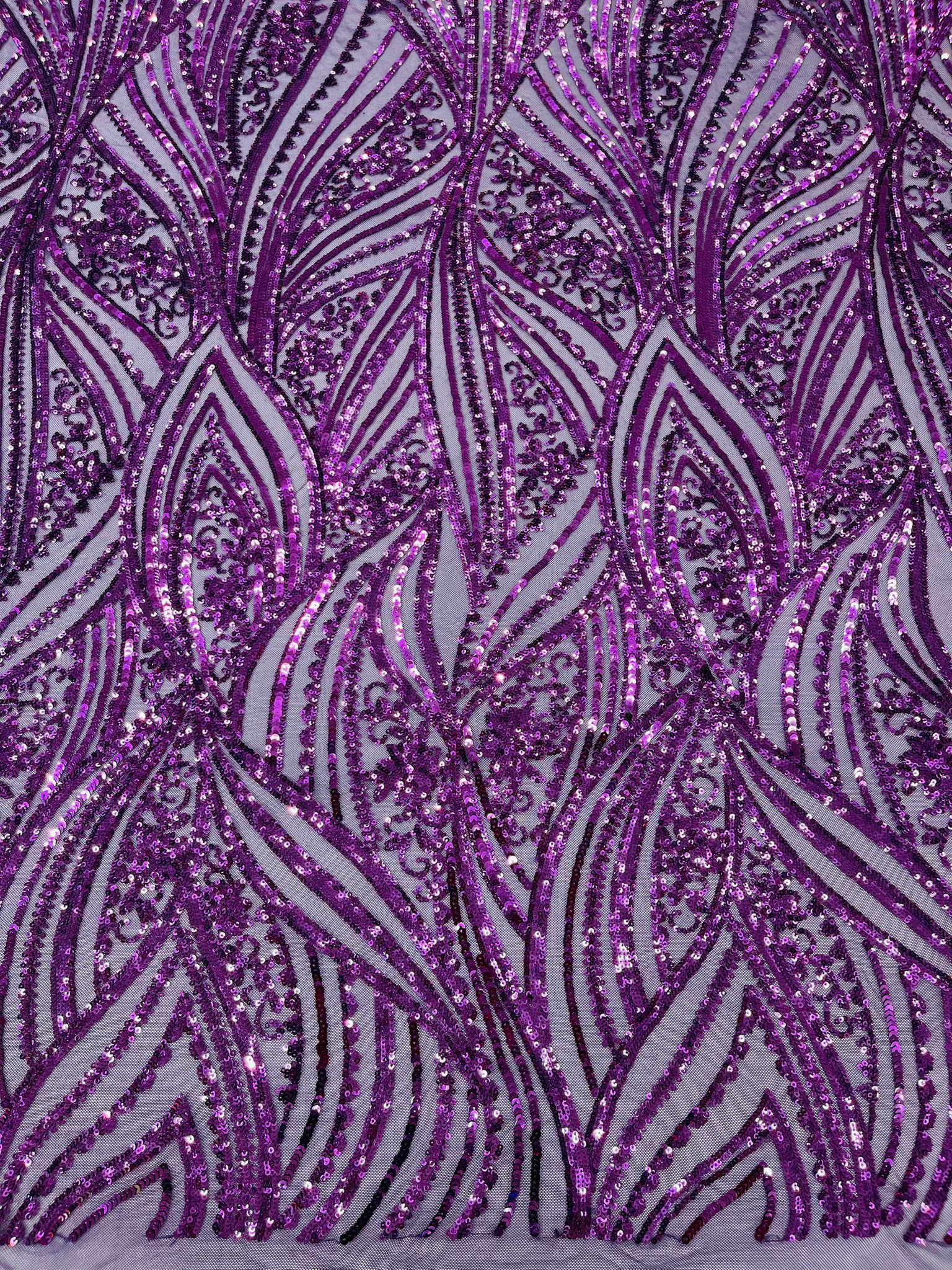 Geometric Feather wing shiny sequin design on a 4 way stretch mesh Fabric-prom-sold by the yard.