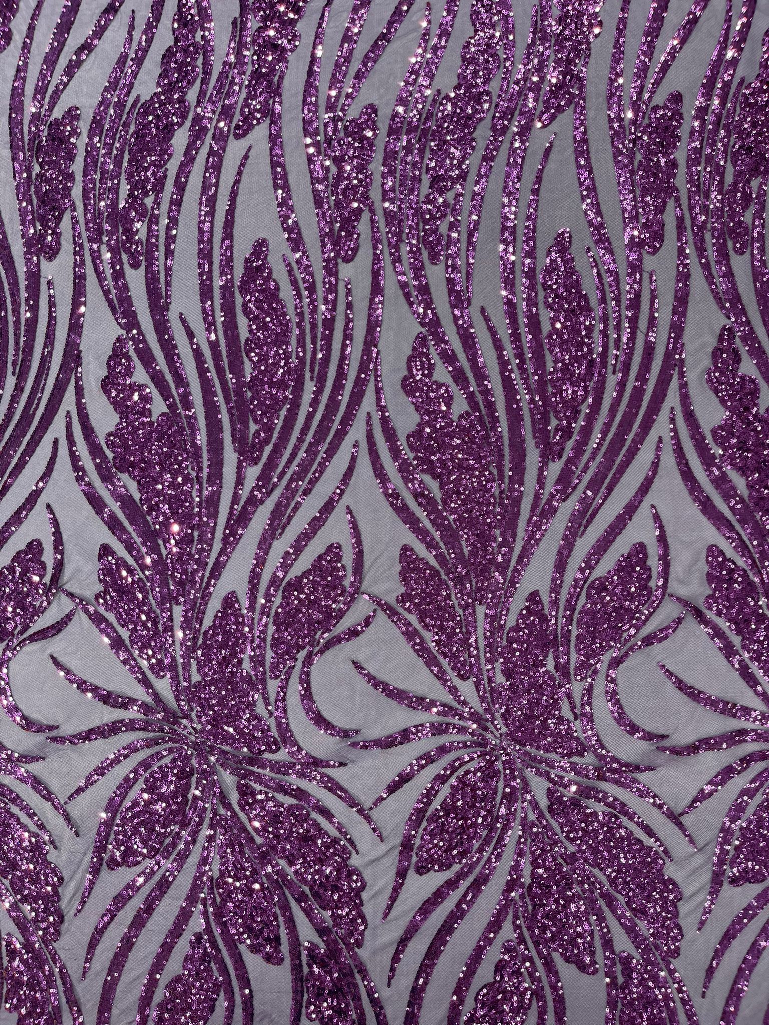 Feather damask shiny sequin design on a 4 way stretch White mesh Fabric-prom-sold by the yard.