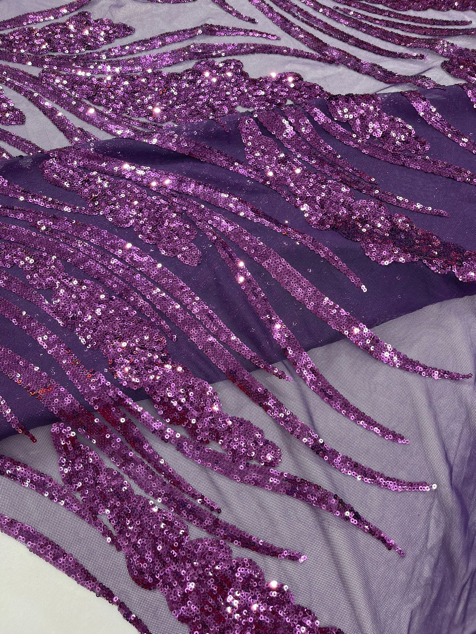 Feather damask shiny sequin design on a 4 way stretch White mesh Fabric-prom-sold by the yard.