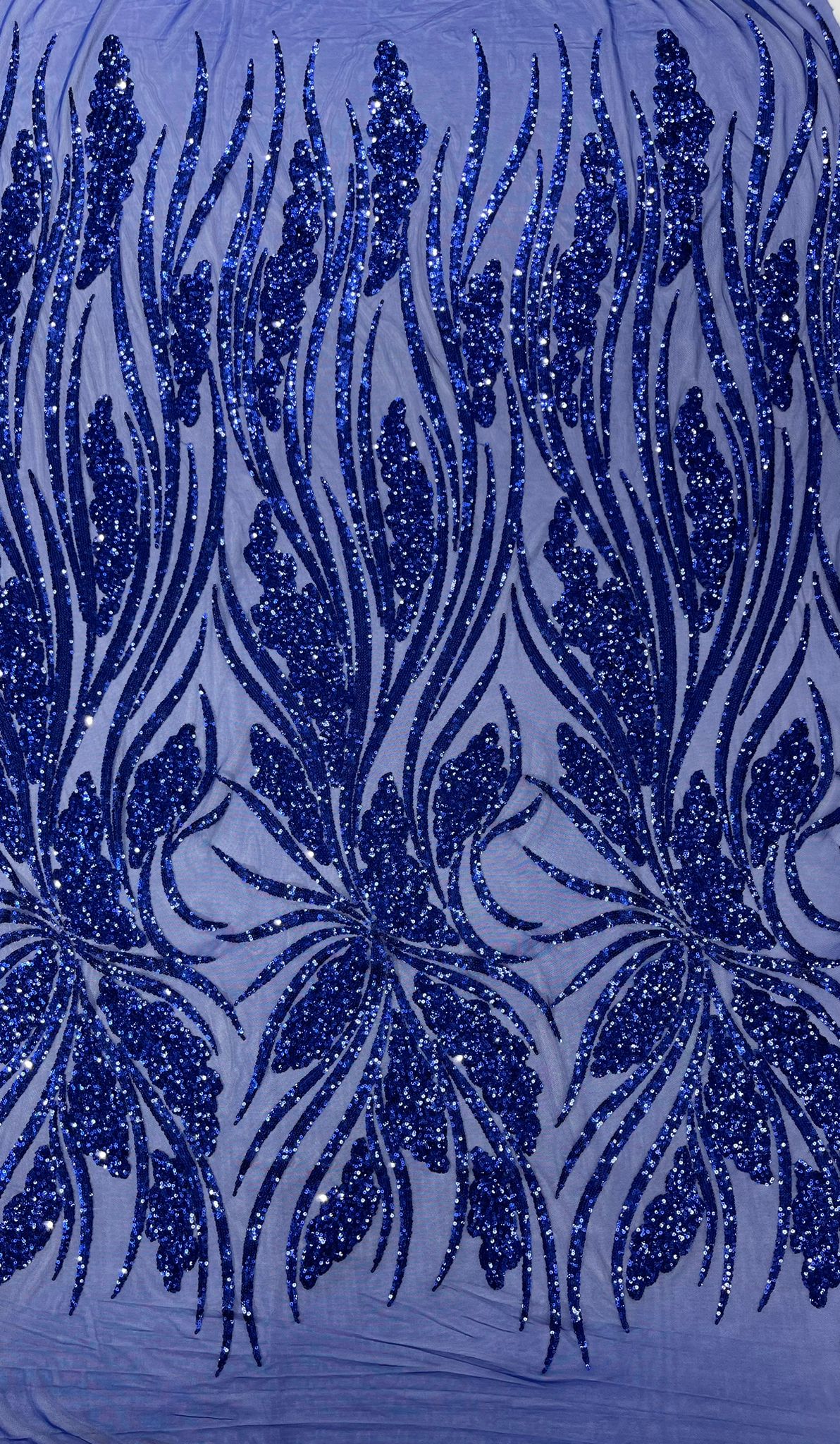 Feather damask shiny sequin design on a 4 way stretch White mesh Fabric-prom-sold by the yard.