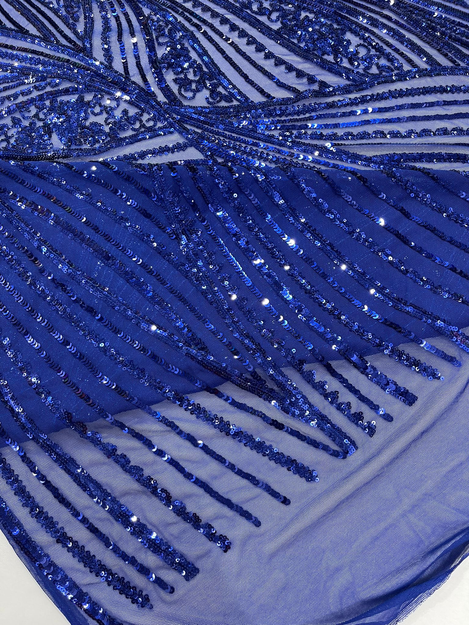 Geometric Feather wing shiny sequin design on a 4 way stretch mesh Fabric-prom-sold by the yard.