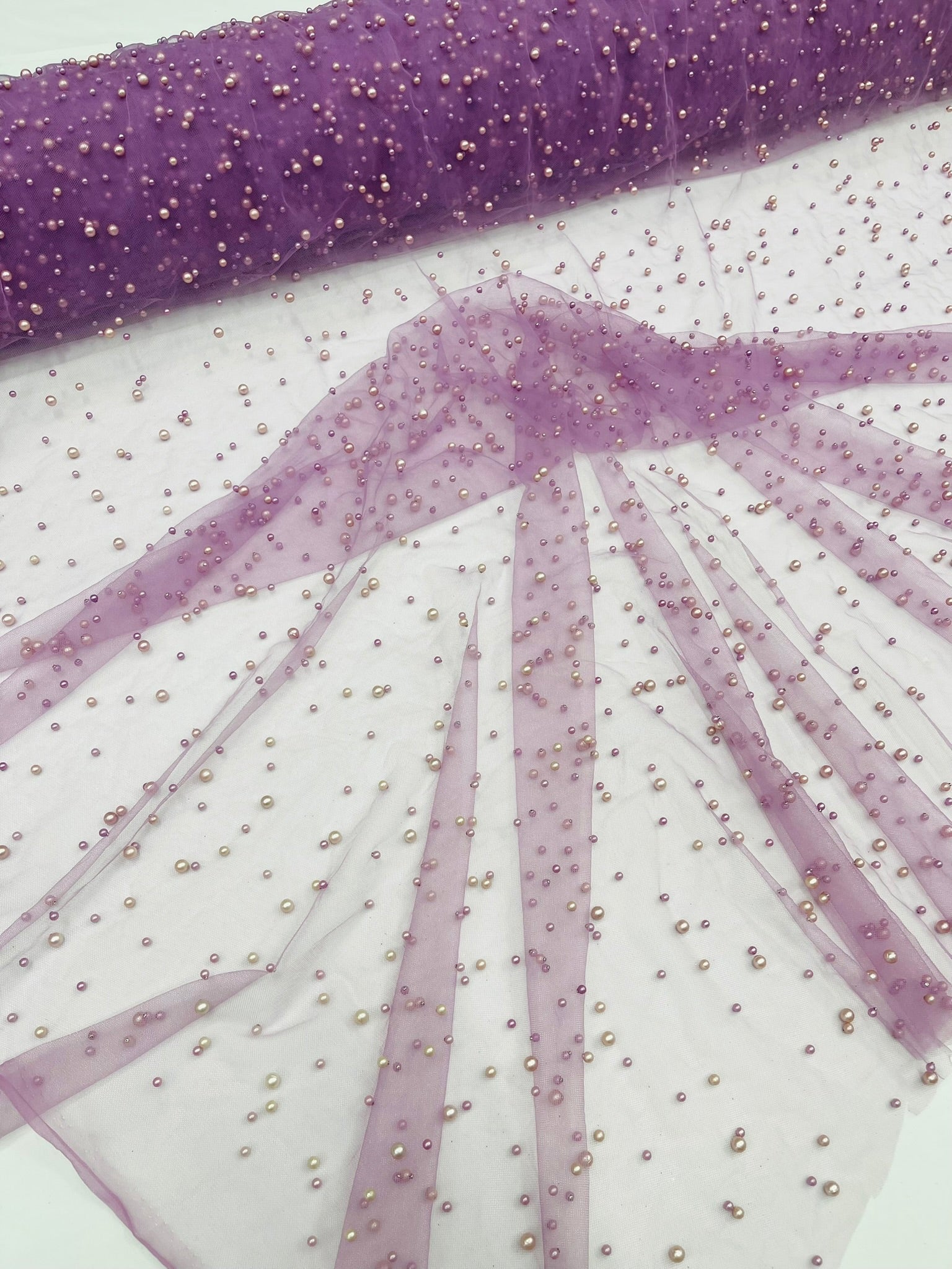 Scattered Pearls Studded Mesh, 2-Way Stretch, Sold by the yard.