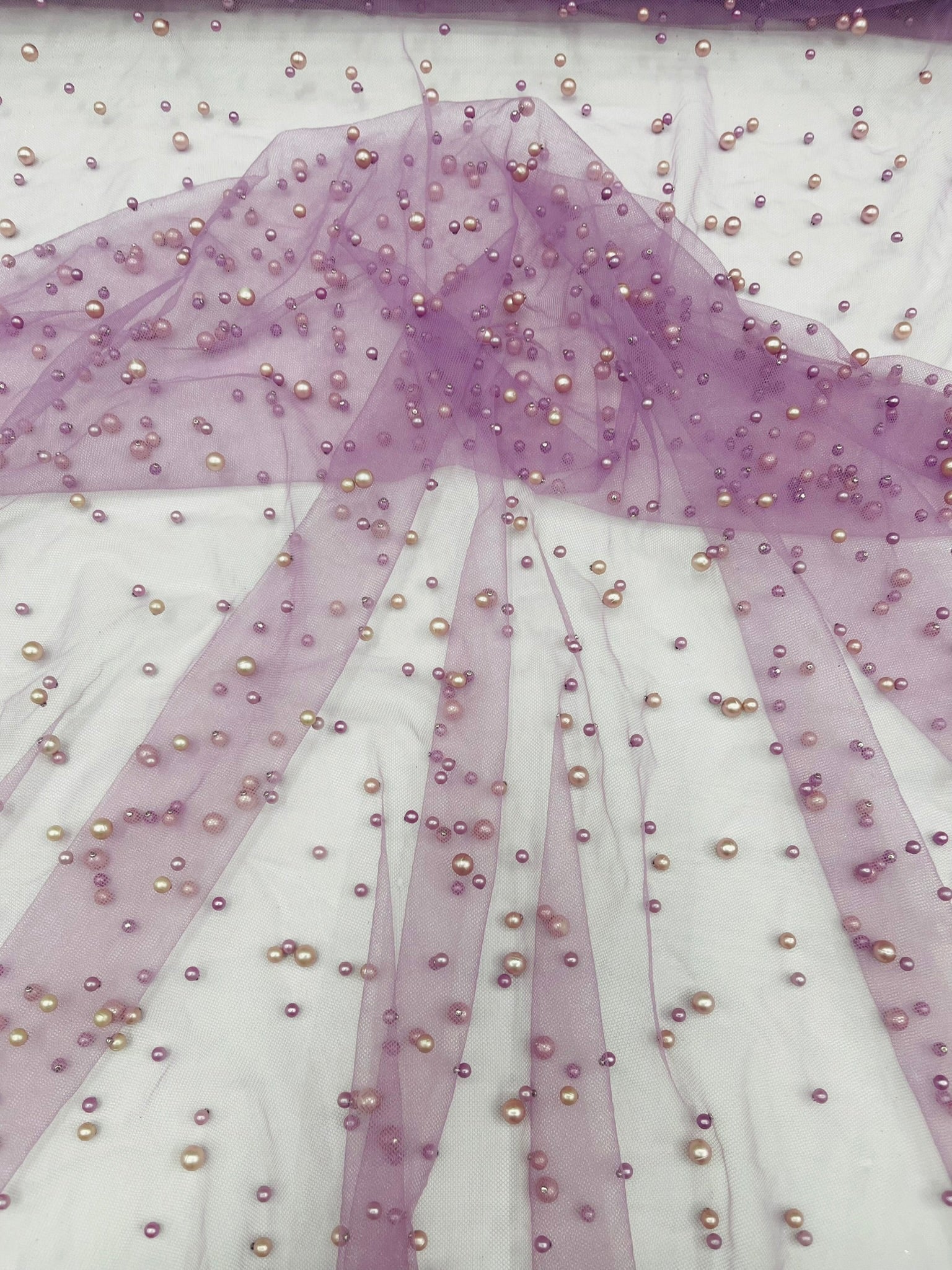 Scattered Pearls Studded Mesh, 2-Way Stretch, Sold by the yard.