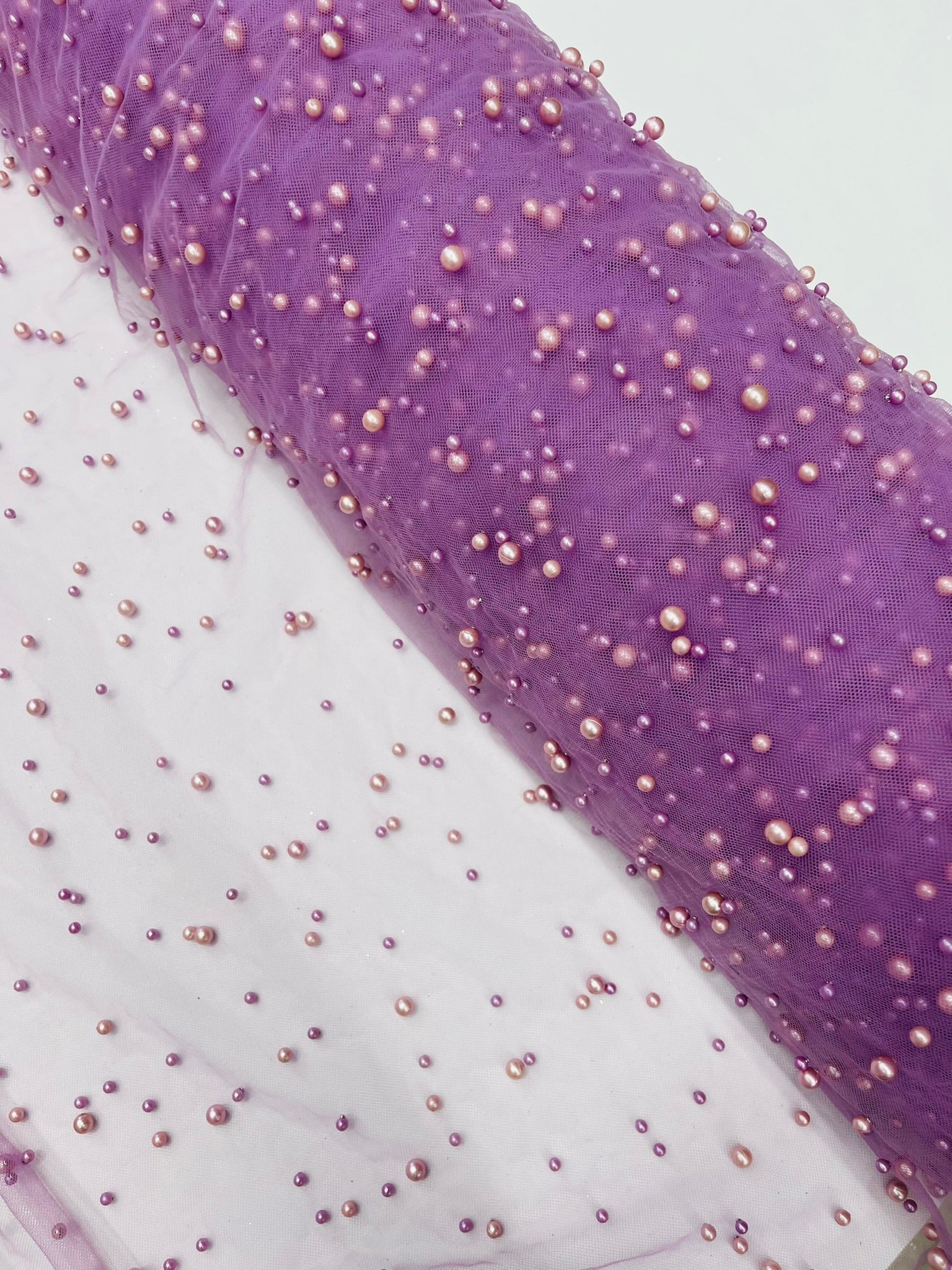 Scattered Pearls Studded Mesh, 2-Way Stretch, Sold by the yard.