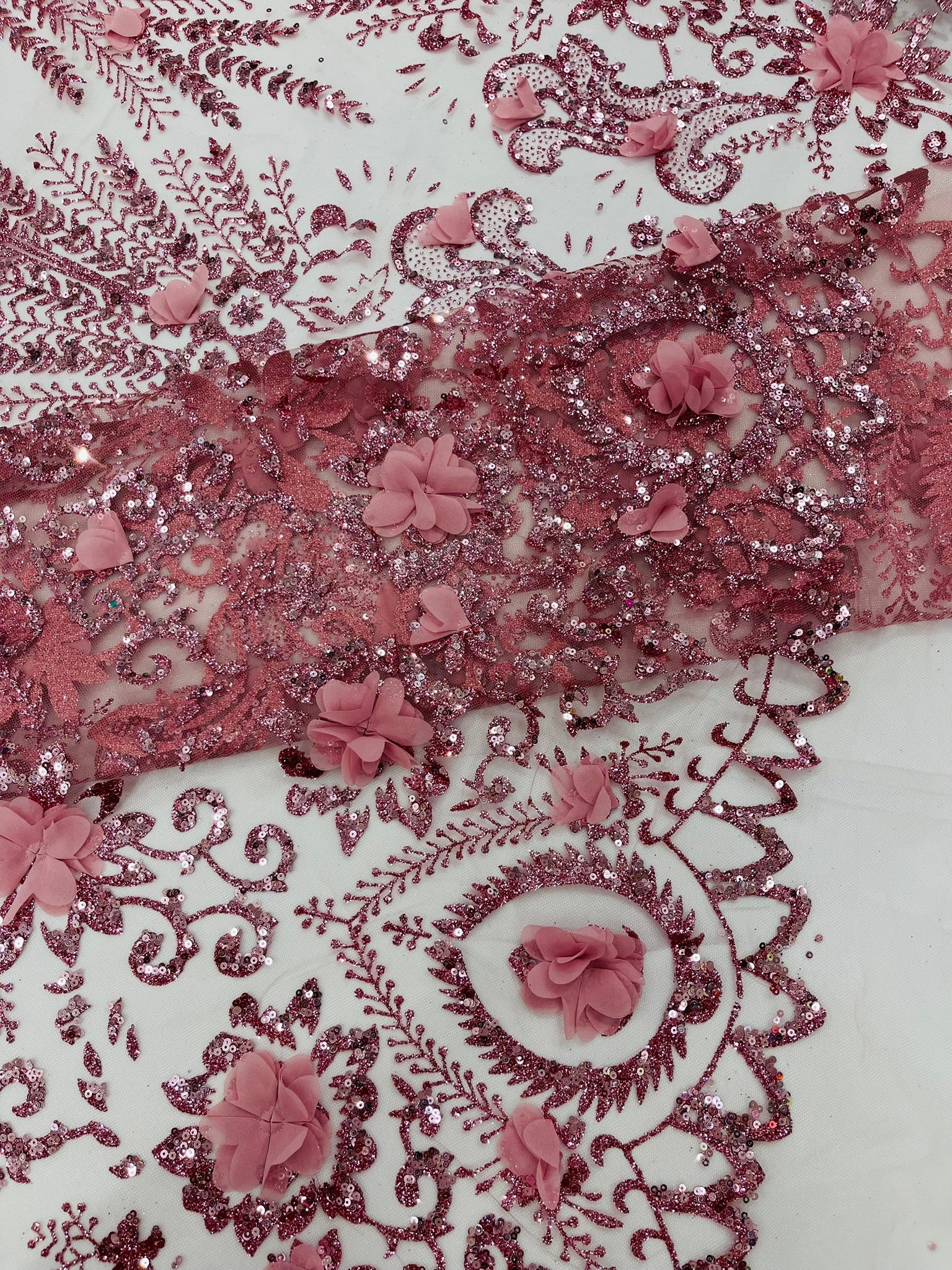 Floral 3D Palm Damask with glitter in a Mesh Lace- Sold by the yard