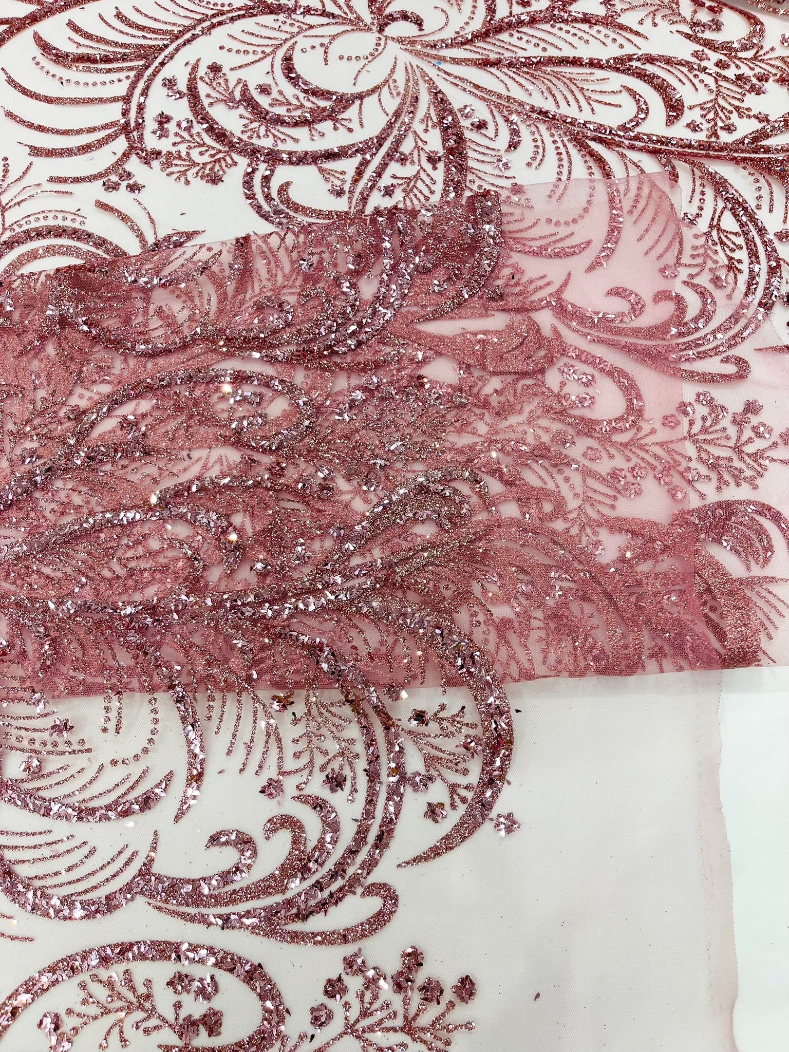 Palm Glitter Vine Design On A Mesh Lace Fabric 58"' Wide Prom.