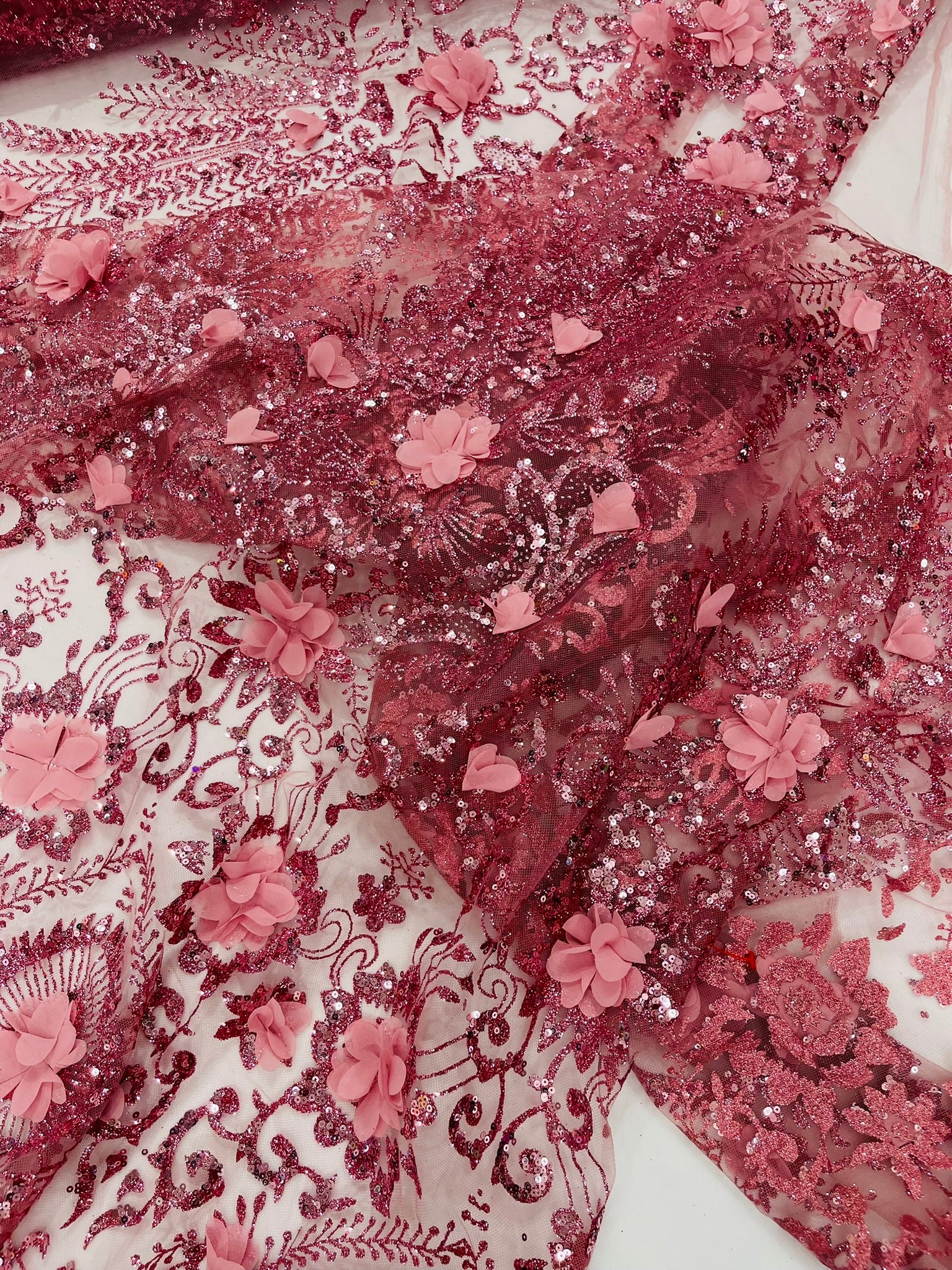 Floral 3D Palm Damask with glitter in a Mesh Lace- Sold by the yard