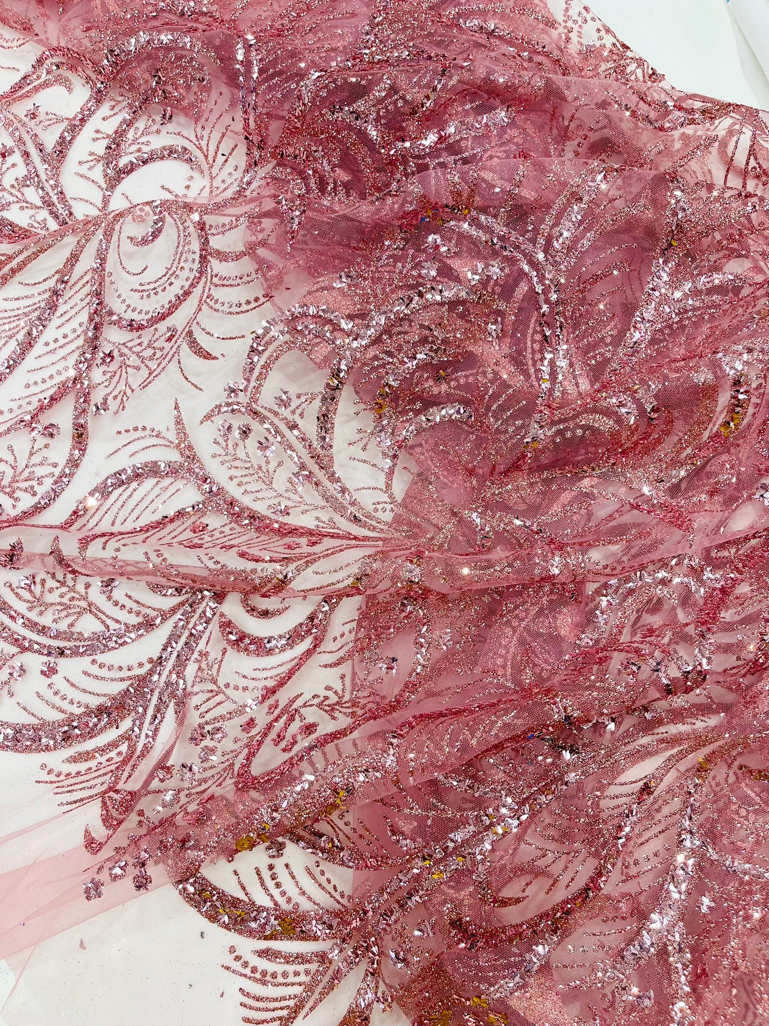 Palm Glitter Vine Design On A Mesh Lace Fabric 58"' Wide Prom.