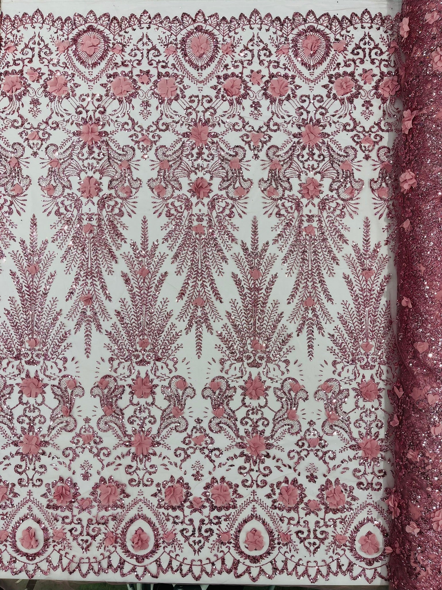 Floral 3D Palm Damask with glitter in a Mesh Lace- Sold by the yard