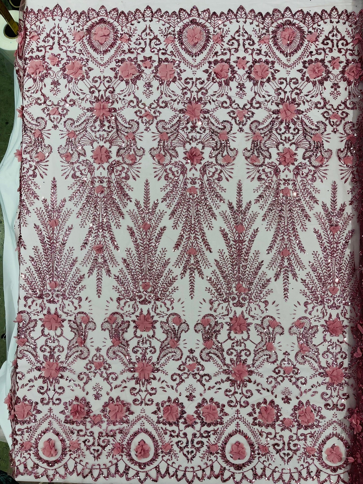 Floral 3D Palm Damask with glitter in a Mesh Lace- Sold by the yard