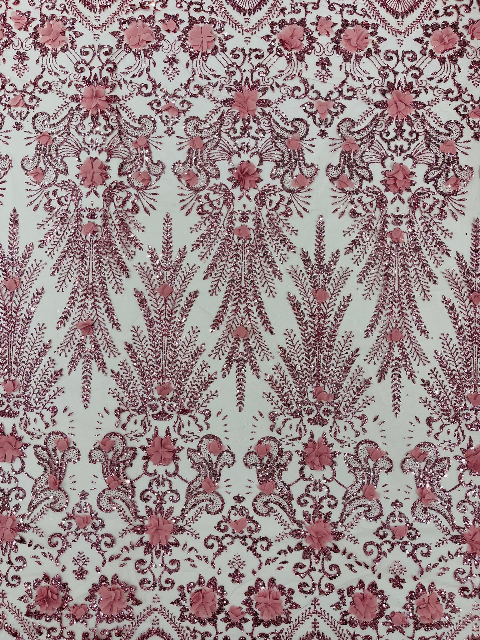 Floral 3D Palm Damask with glitter in a Mesh Lace- Sold by the yard