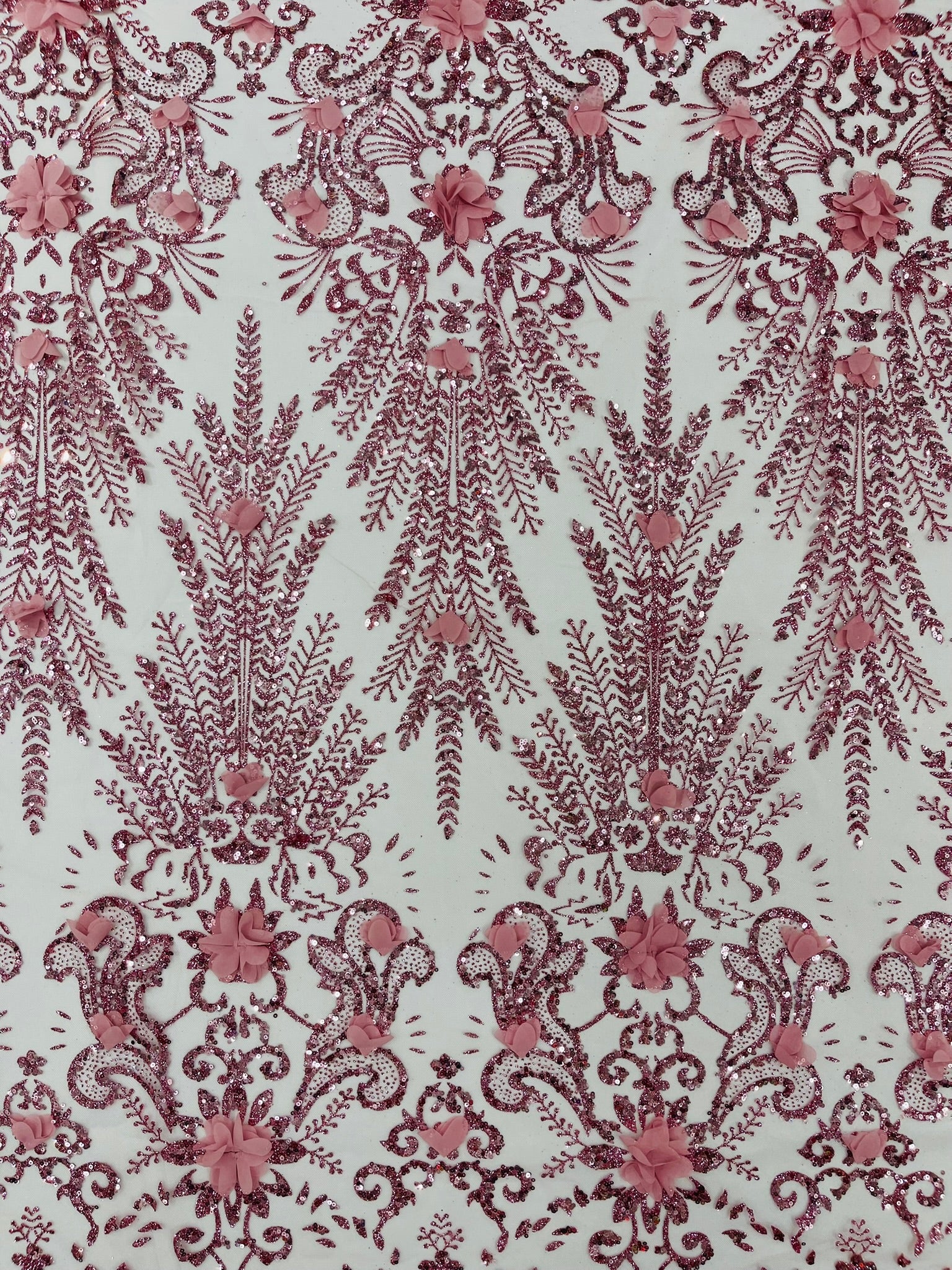 Floral 3D Palm Damask with glitter in a Mesh Lace- Sold by the yard