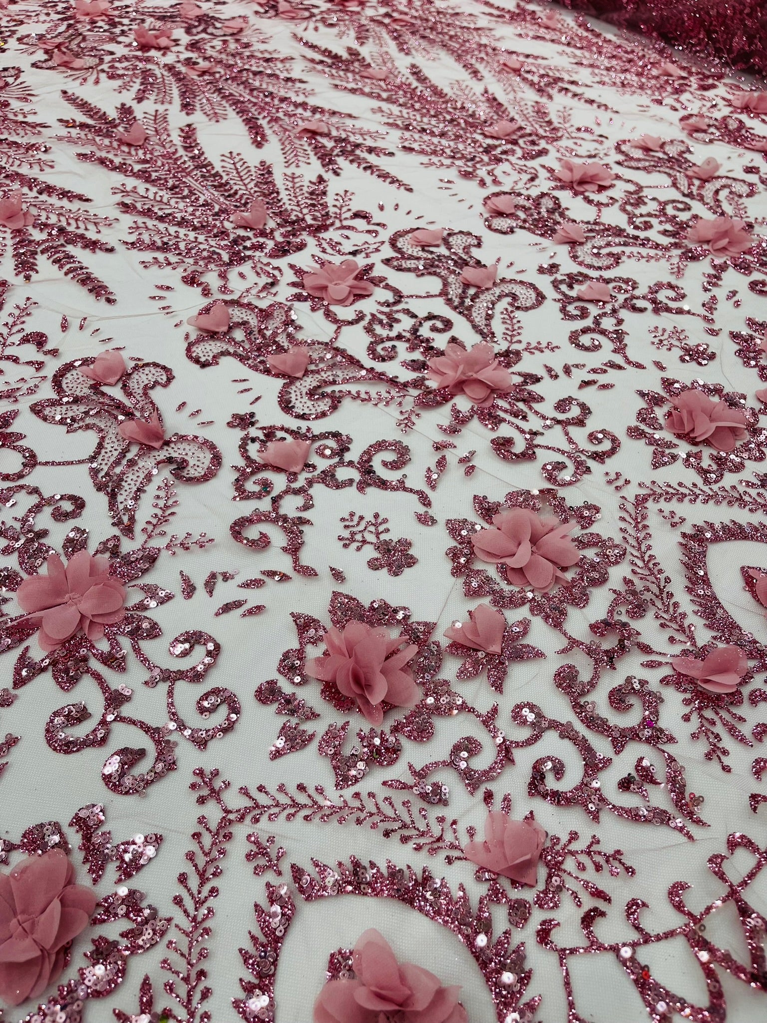 Floral 3D Palm Damask with glitter in a Mesh Lace- Sold by the yard