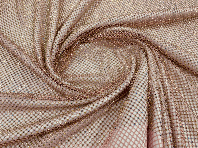 AB Iridescent Rhinestones On Soft Stretch Fish Net Fabric 45" Wide -sold by The Yard.