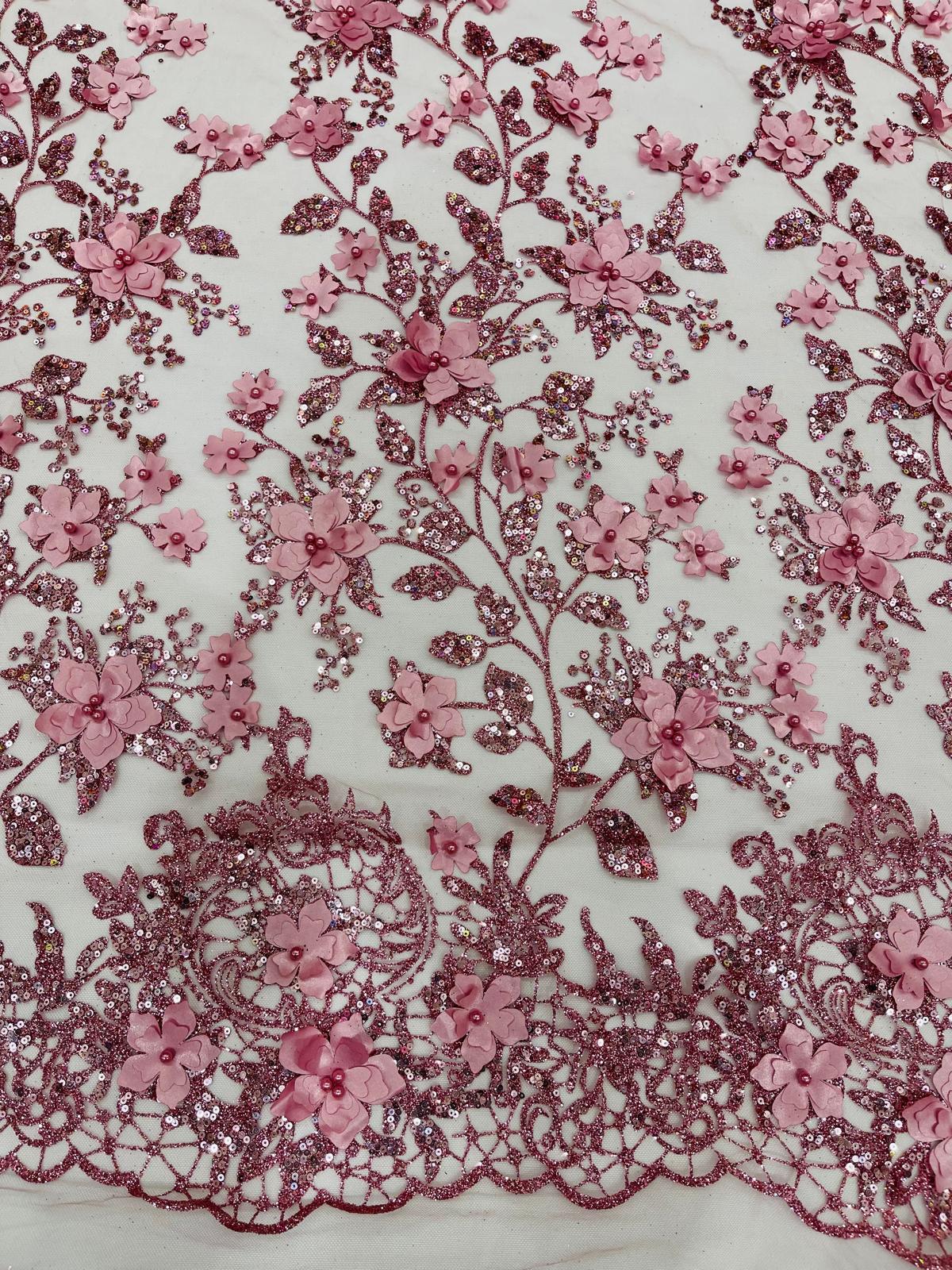 Princess Glitter 3d floral design embroidery with pearls in a mesh lace-sold by the yard.