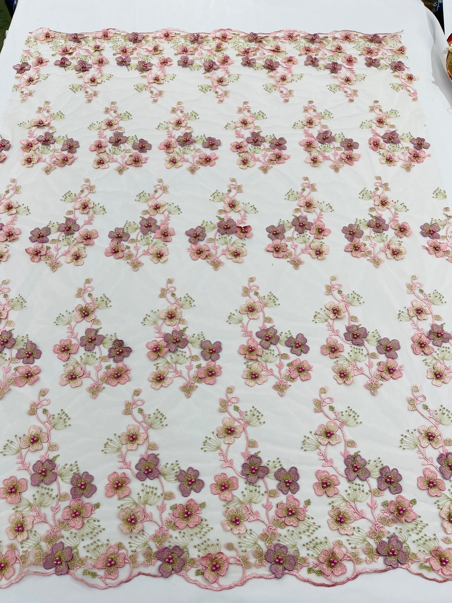 Multi Color 3D Floral design embroider with pearls in a mesh lace fabric -Sold by the yard