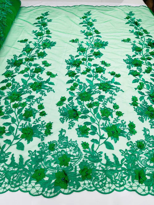 3D Floral Princess Fabric - Emerald Green - Embroidered Floral Lace Fabric with 3D Flowers By Yard