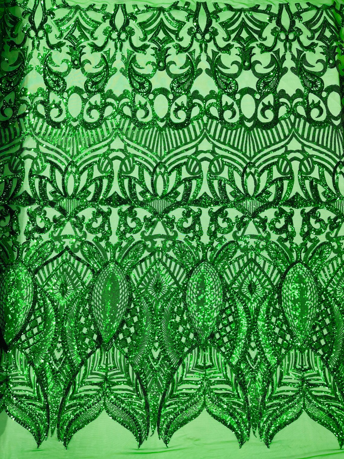 Royalty Damask Sequins Fabric - Emerald Green - Fancy Royal Lace Design 4 Way Stretch Sequins By Yard