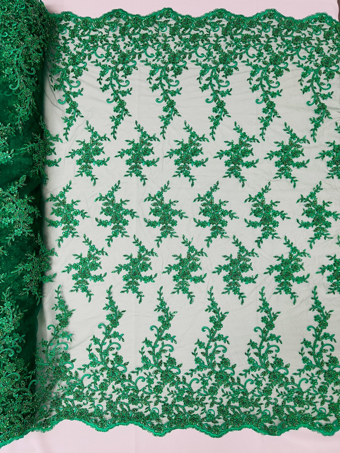 Floral Long Border Bead Fabric - Emerald Green - Embroidered Floral Cluster Design Fabric By Yard