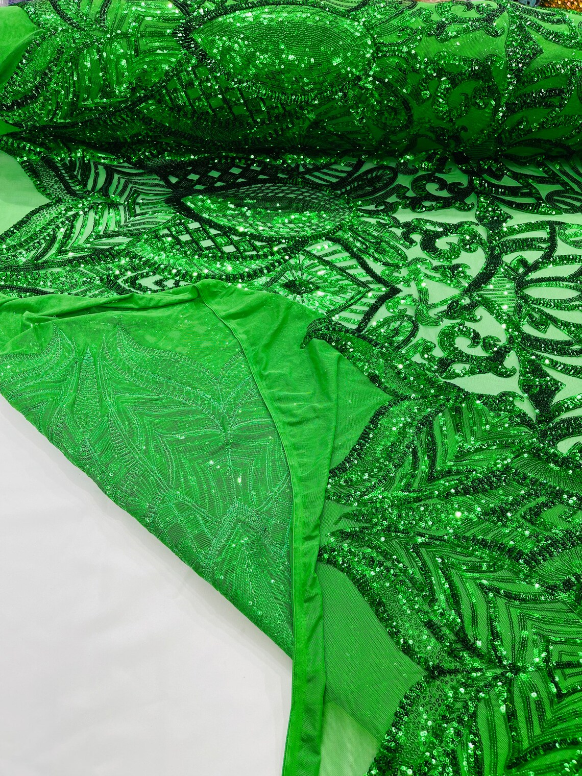 Royalty Damask Sequins Fabric - Emerald Green - Fancy Royal Lace Design 4 Way Stretch Sequins By Yard