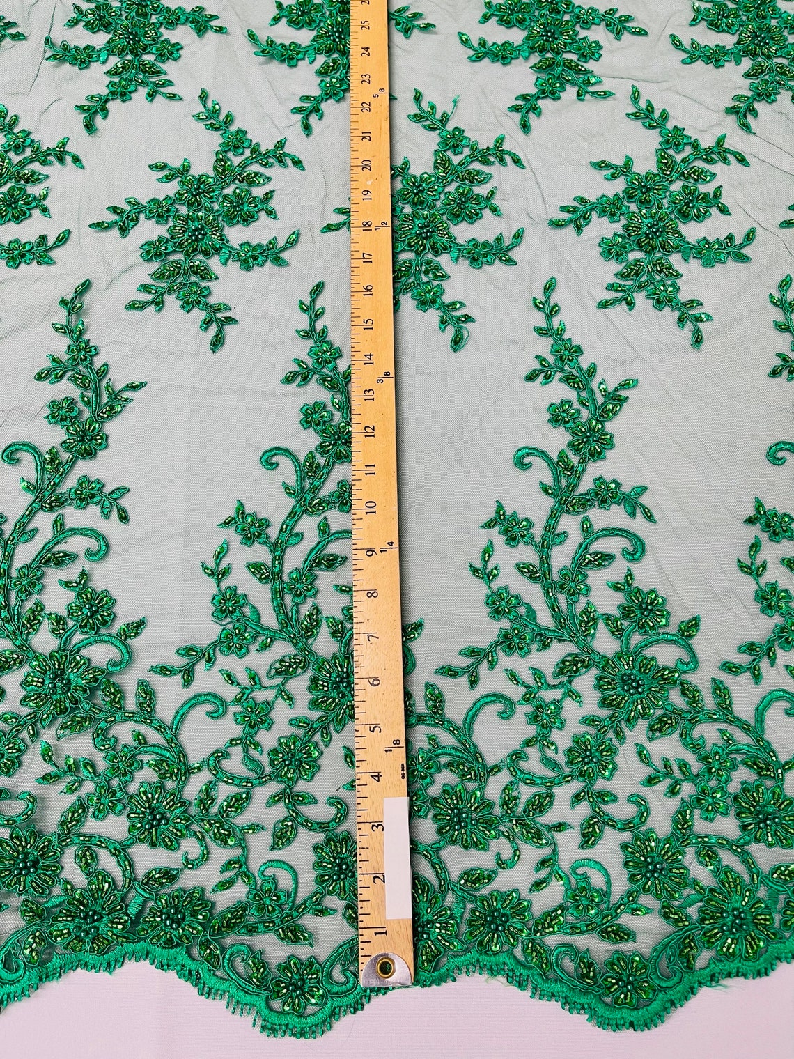 Floral Long Border Bead Fabric - Emerald Green - Embroidered Floral Cluster Design Fabric By Yard