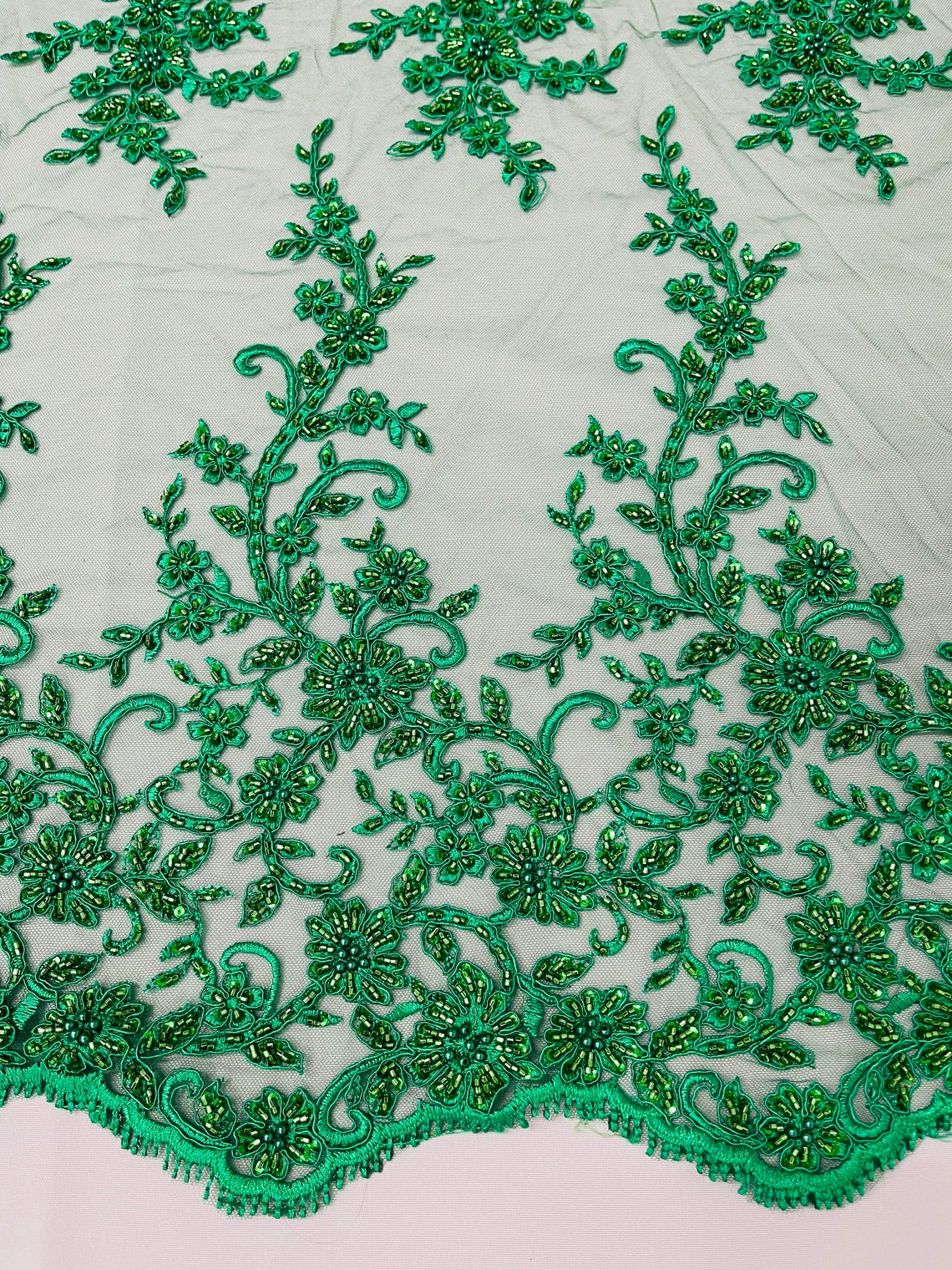 Floral Long Border Bead Fabric - Emerald Green - Embroidered Floral Cluster Design Fabric By Yard