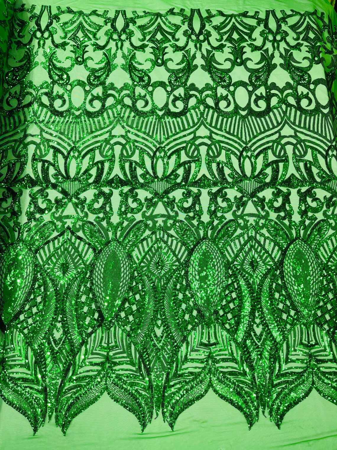 Royalty Damask Sequins Fabric - Emerald Green - Fancy Royal Lace Design 4 Way Stretch Sequins By Yard