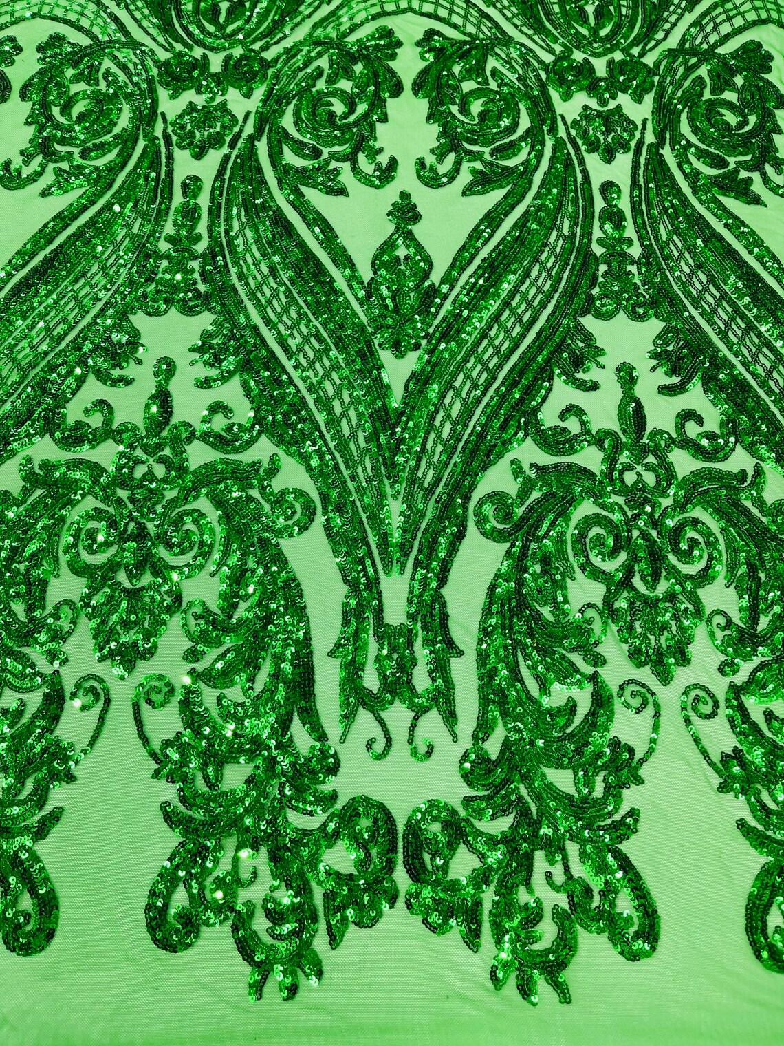 Big Damask 4 Way Sequins - Emerald Green - Embroidered Damask Design Sequins Fabric Sold By Yard