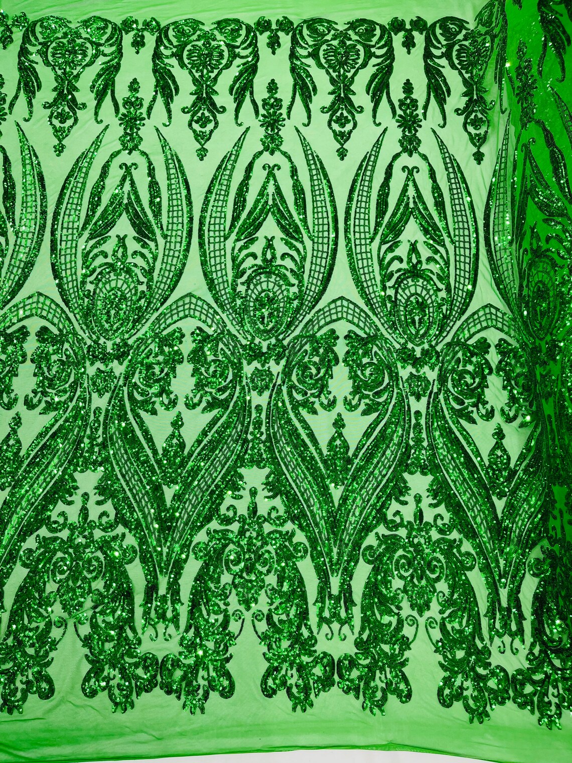 Big Damask 4 Way Sequins - Emerald Green - Embroidered Damask Design Sequins Fabric Sold By Yard