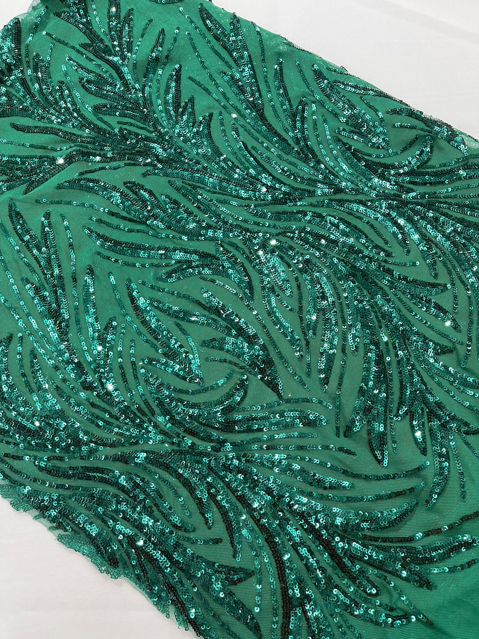 Feather Wing Shiny Sequin Design on a 4 Way Stretch mesh Fabric-Prom-Sold by The Yard.