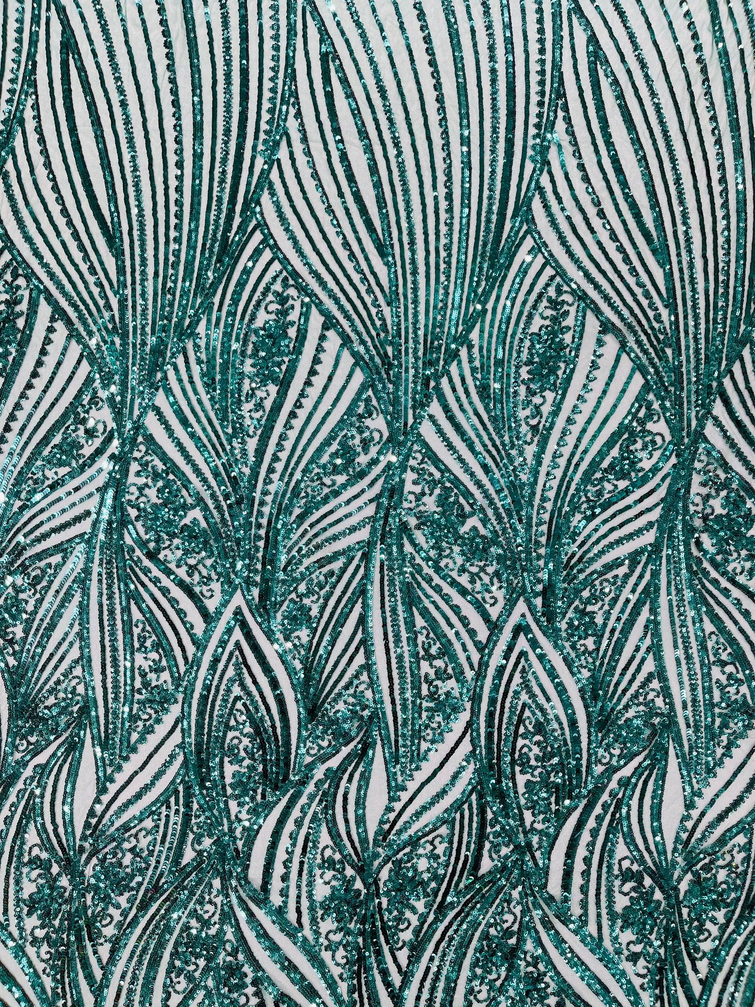 Geometric Feather wing shiny sequin design on a 4 way stretch mesh Fabric-prom-sold by the yard.