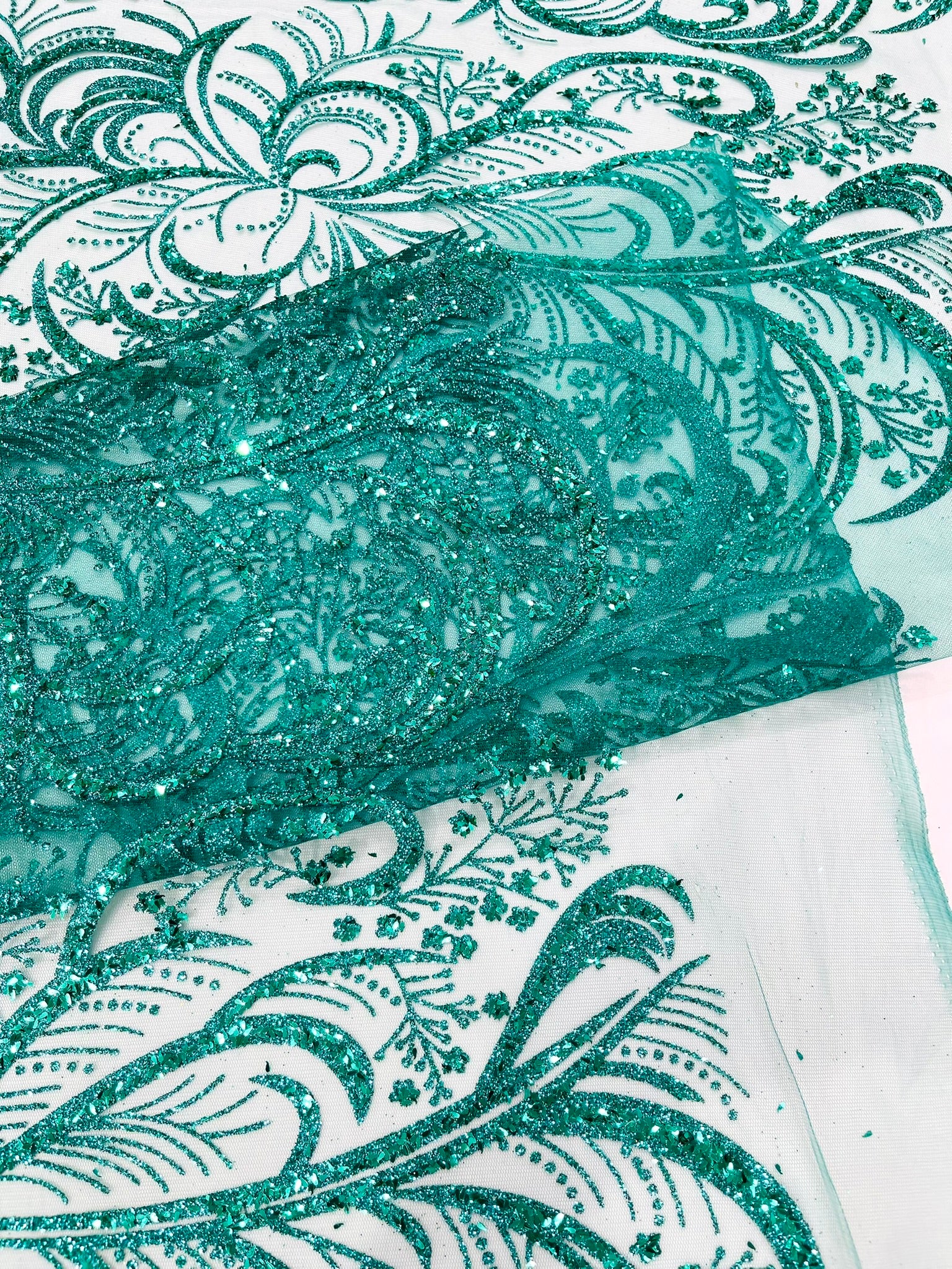 Palm Glitter Vine Design On A Mesh Lace Fabric 58"' Wide Prom.