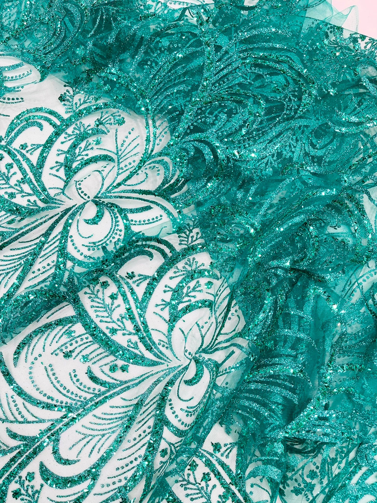 Palm Glitter Vine Design On A Mesh Lace Fabric 58"' Wide Prom.
