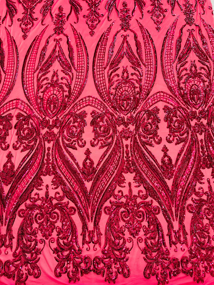 Big Damask 4 Way Sequins - Fuchsia - Embroidered Damask Design Sequins Fabric Sold By Yard