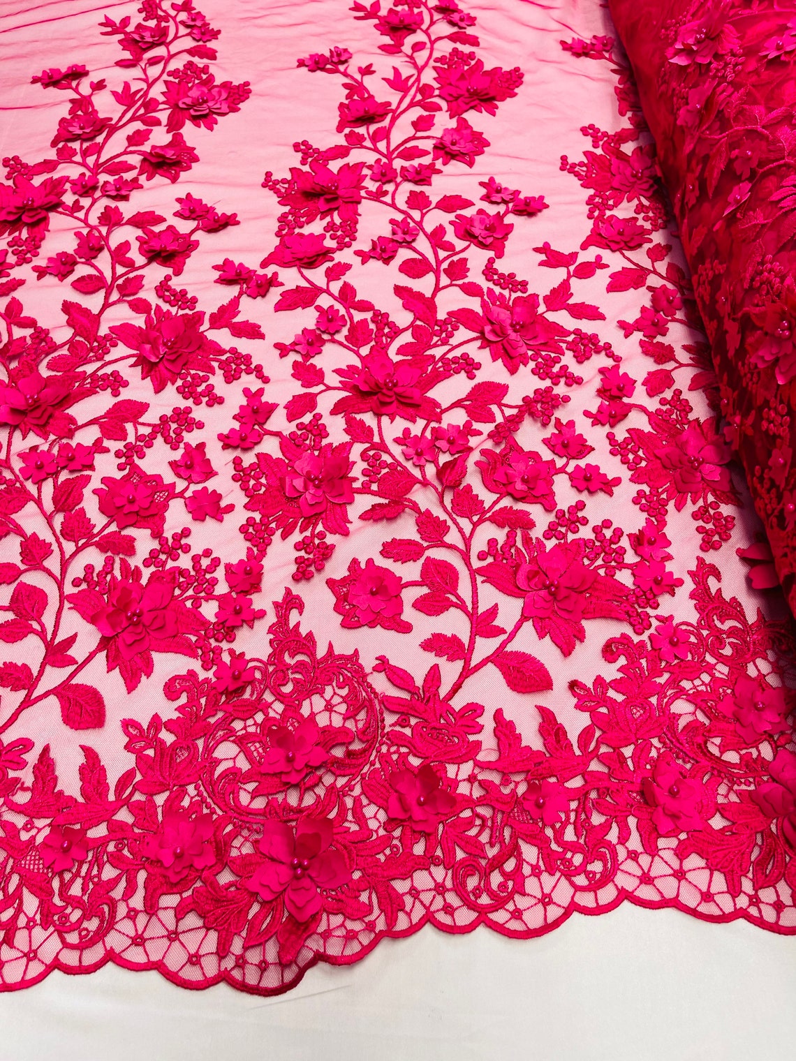 3D Floral Princess Fabric - Fuchsia - Embroidered Floral Lace Fabric with 3D Flowers By Yard
