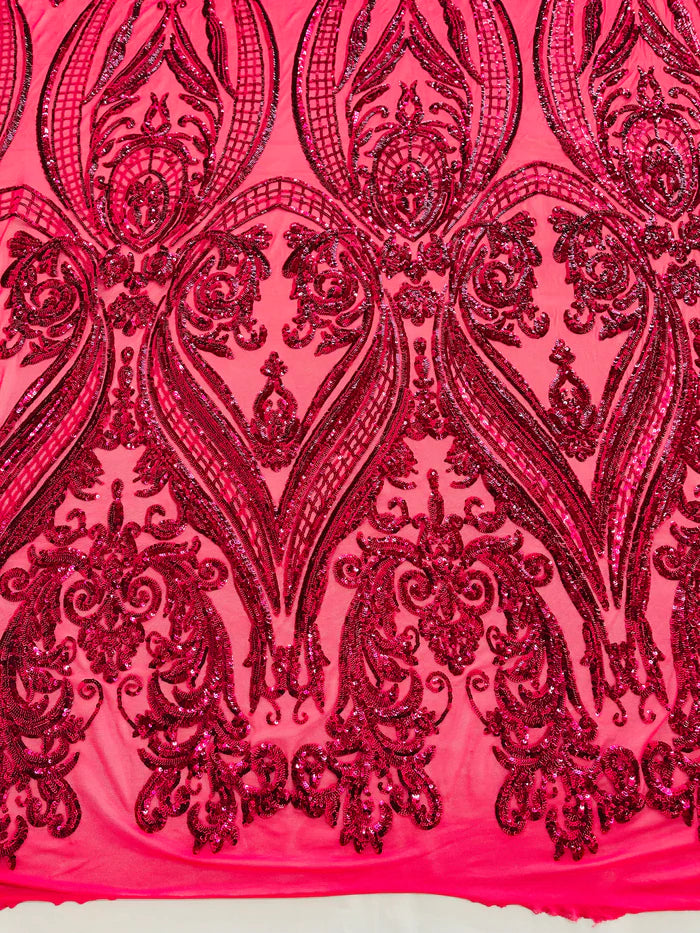 Big Damask 4 Way Sequins - Fuchsia - Embroidered Damask Design Sequins Fabric Sold By Yard