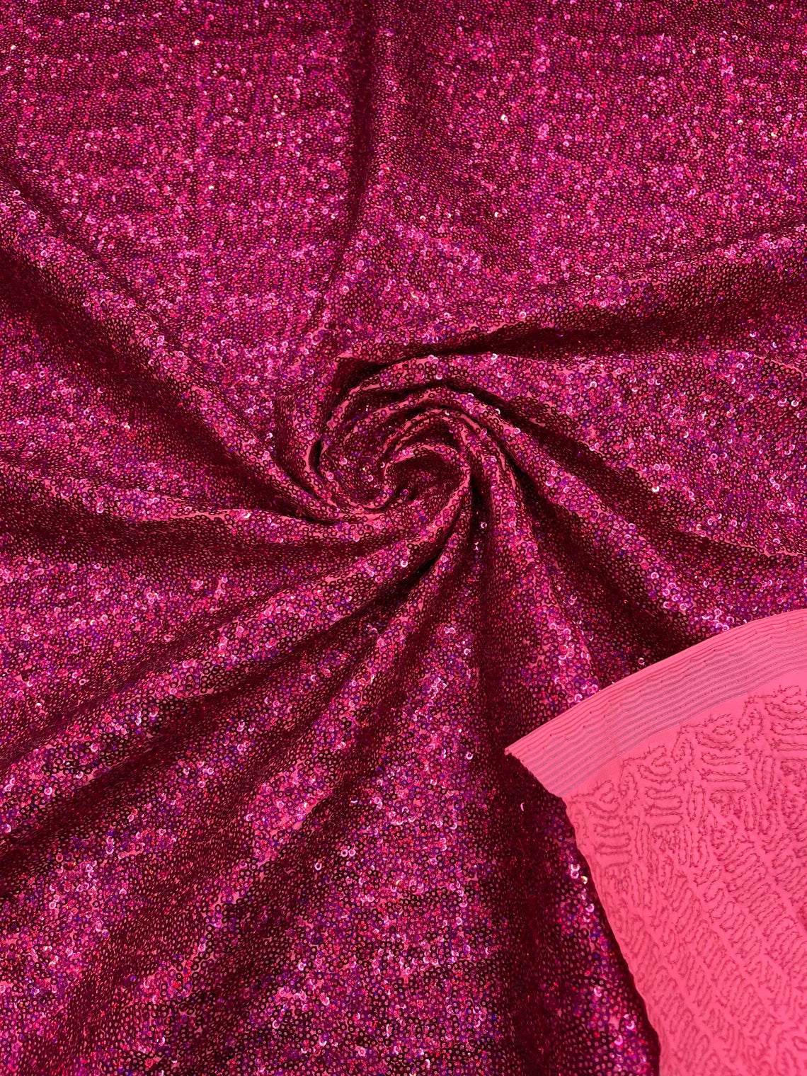 Mini Glitz Sequins on Milliskin - Fuchsia on Coral - 4 Way Stretch Milliskin Stretch Spandex Fabric by Yard