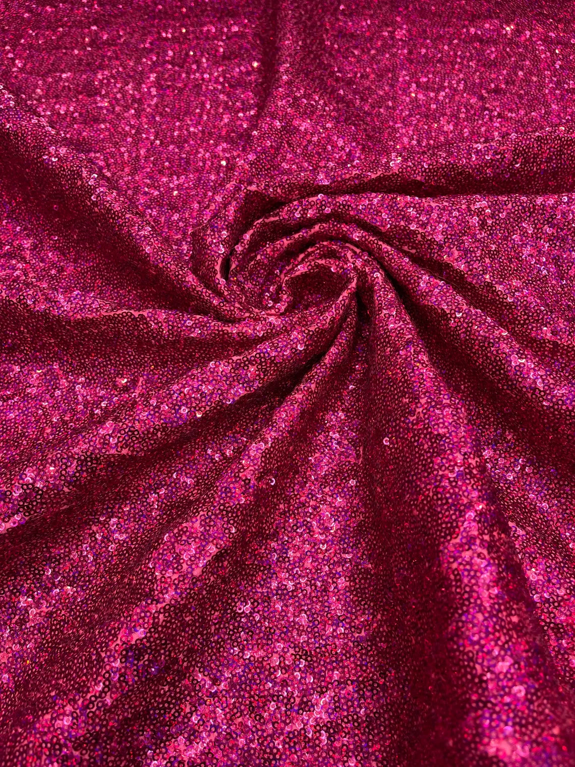 Mini Glitz Sequins on Milliskin - Fuchsia on Coral - 4 Way Stretch Milliskin Stretch Spandex Fabric by Yard