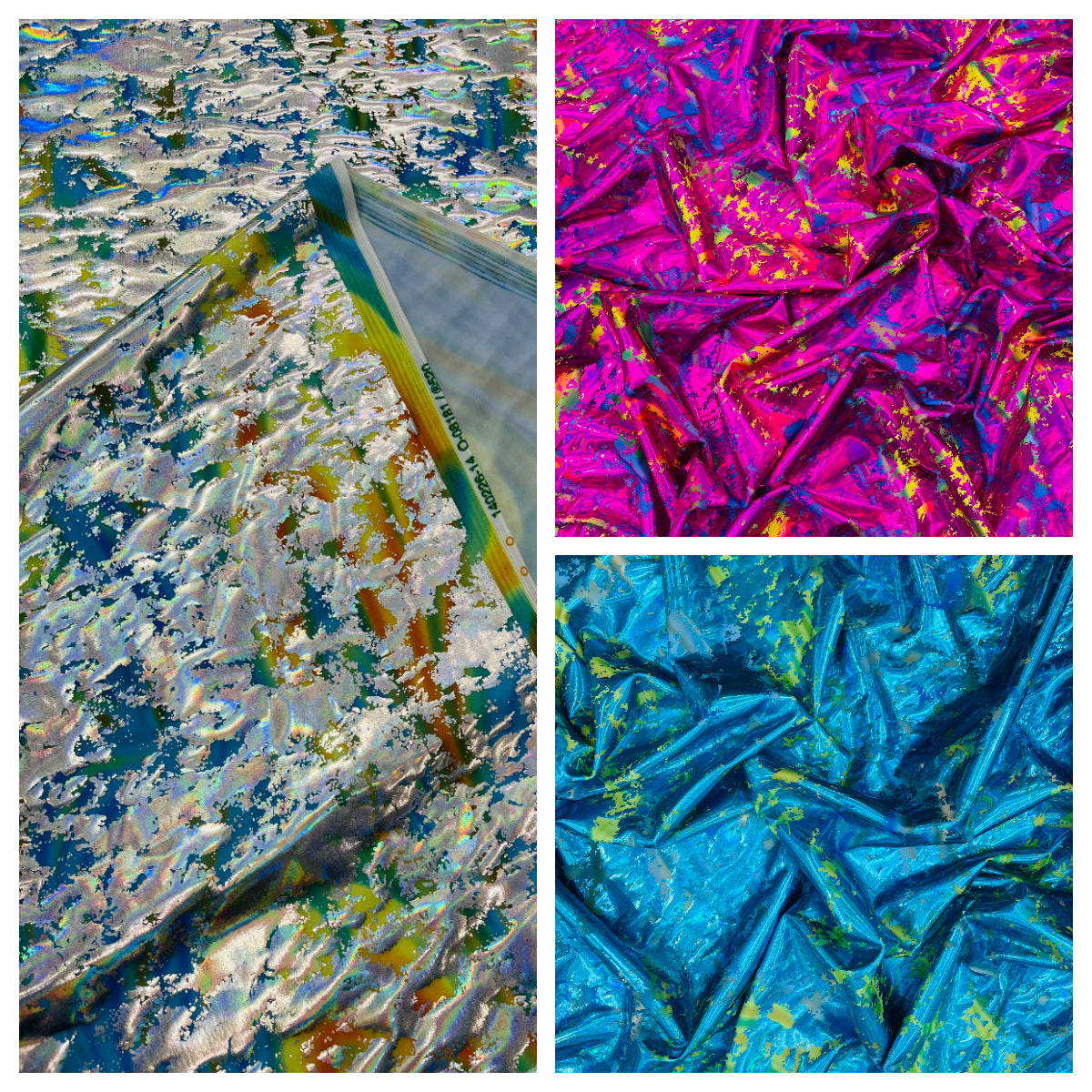 Splatter Foil Paint Metallic Print on a 4-way Stretch Tie Dye Nylon Spandex Tricot/Milliskin -Sold by the yard.