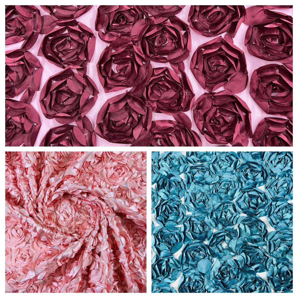 3D Rosette Embroidery Satin Rose Flowers Floral Mesh Fabric by the yard.