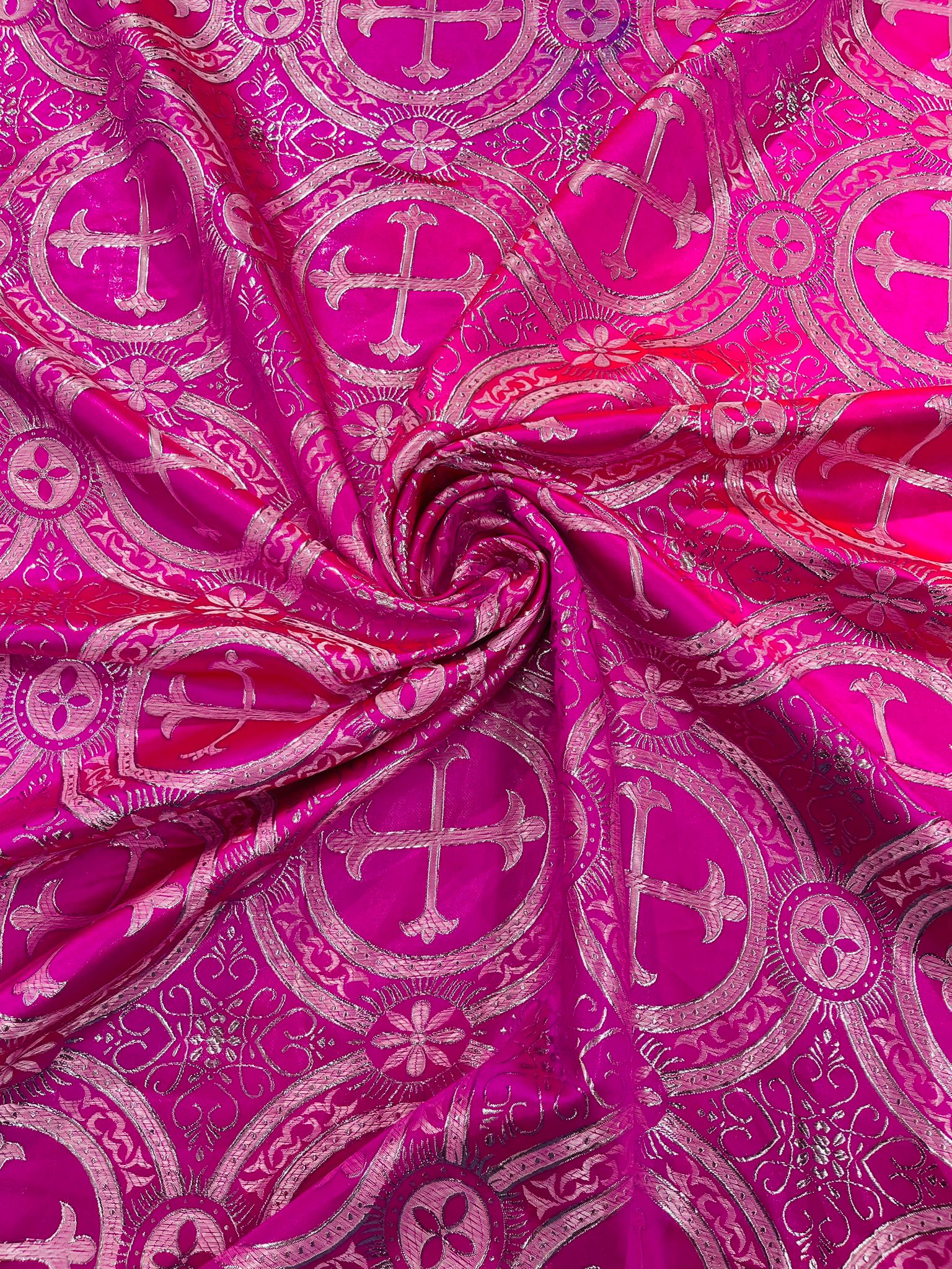 Fuchsia/Silver - Square Metallic Cross Brocade Jacquard Satin Table Overlay/Religious Brocade/Liturgical Fabric/Church.