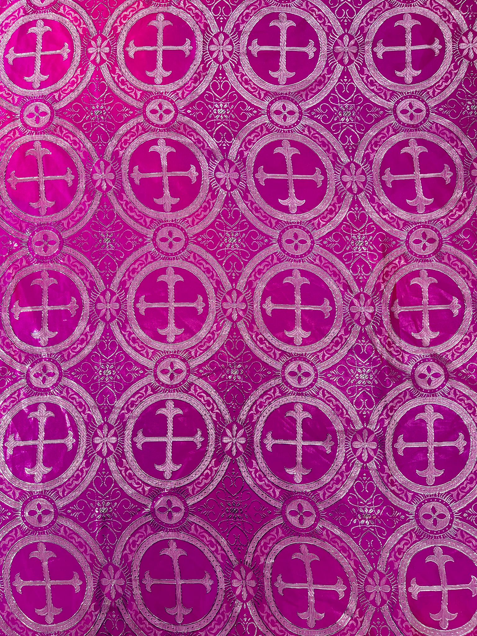 Fuchsia/Silver - Square Metallic Cross Brocade Jacquard Satin Table Overlay/Religious Brocade/Liturgical Fabric/Church.