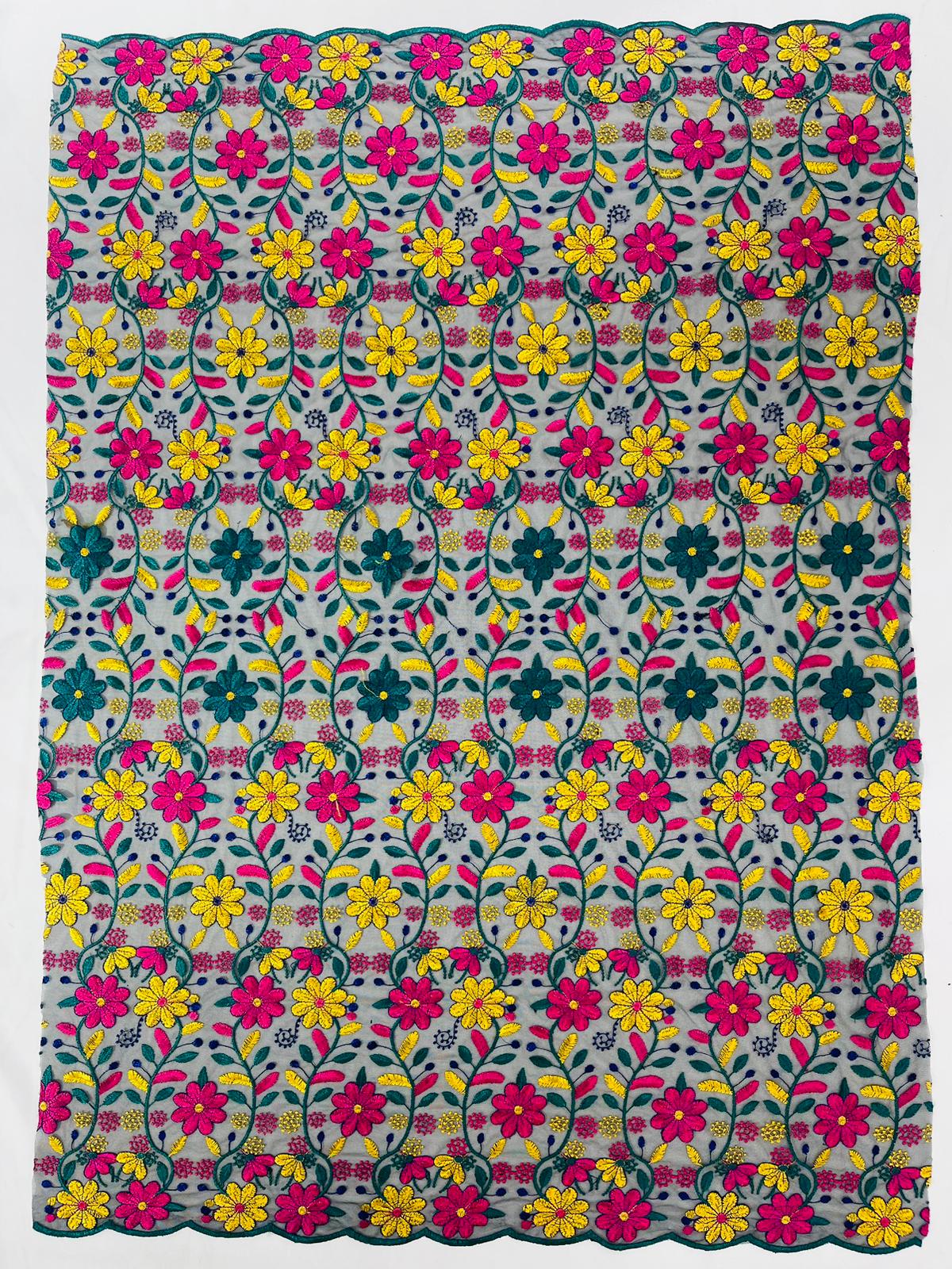 Oaxaca multi color Mexican Sarape floral design embroider on mesh lace-sold by the yard.