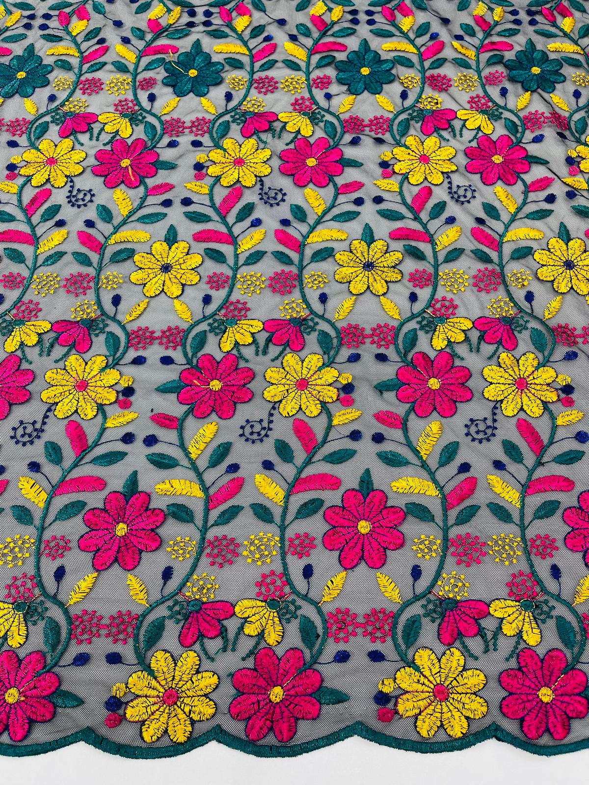 Oaxaca multi color Mexican Sarape floral design embroider on mesh lace-sold by the yard.