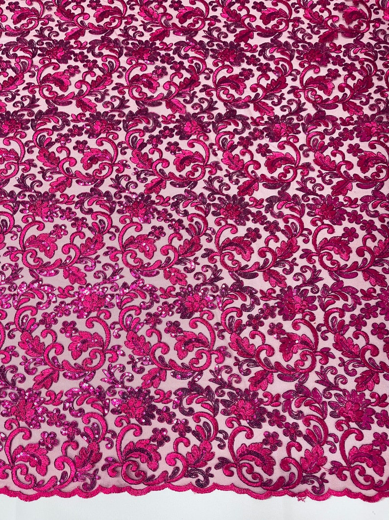 Flower Lace Sequins Corded Fabric - Fuchsia - Embroidery Floral Design Lace Fabric By Yard