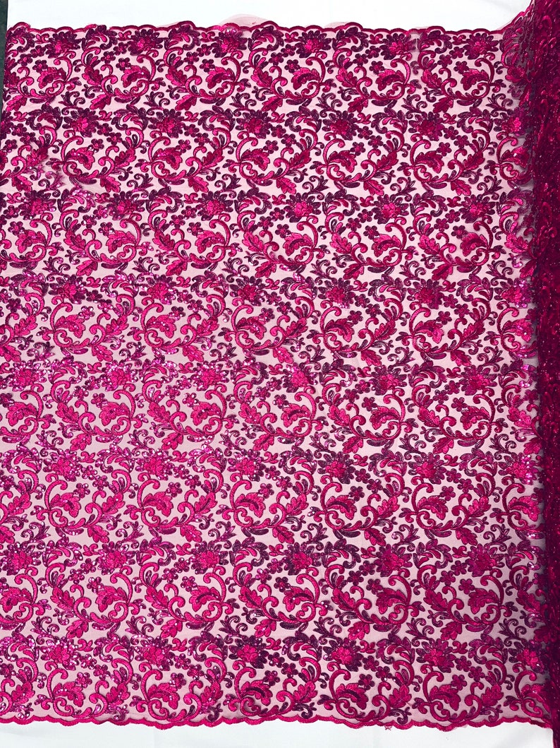 Flower Lace Sequins Corded Fabric - Fuchsia - Embroidery Floral Design Lace Fabric By Yard